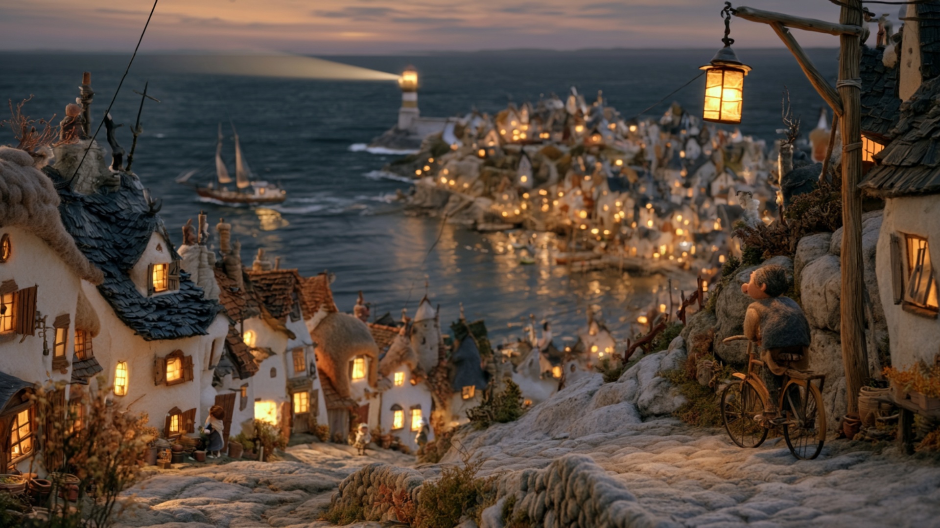 Slow cinematic push forward toward the harbor. The cyclist gently pedals downhill along the stone...