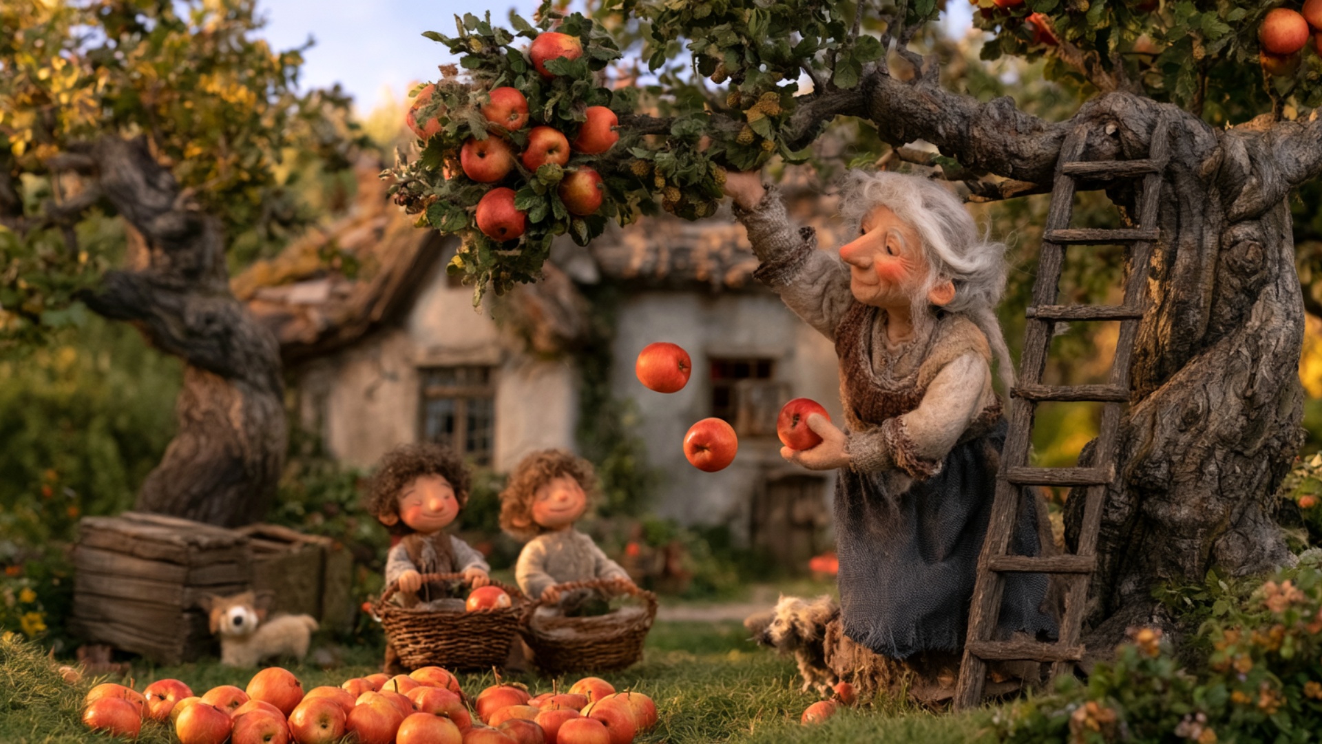 The elderly woman pulls the heavy apple branch downward and shakes it firmly once during the 5-se...