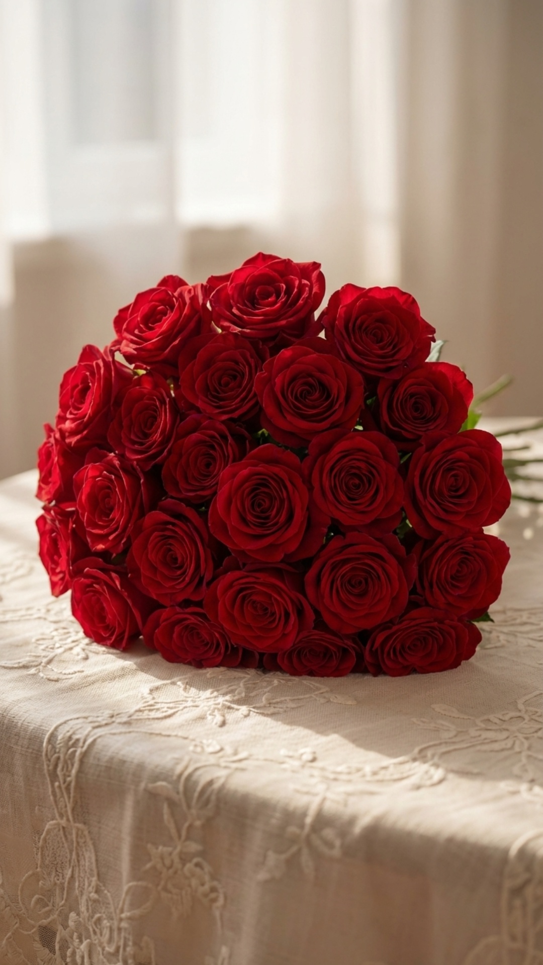 Using the provided start frame and end frame.
A lush red bouquet of roses stands on a table, faci...