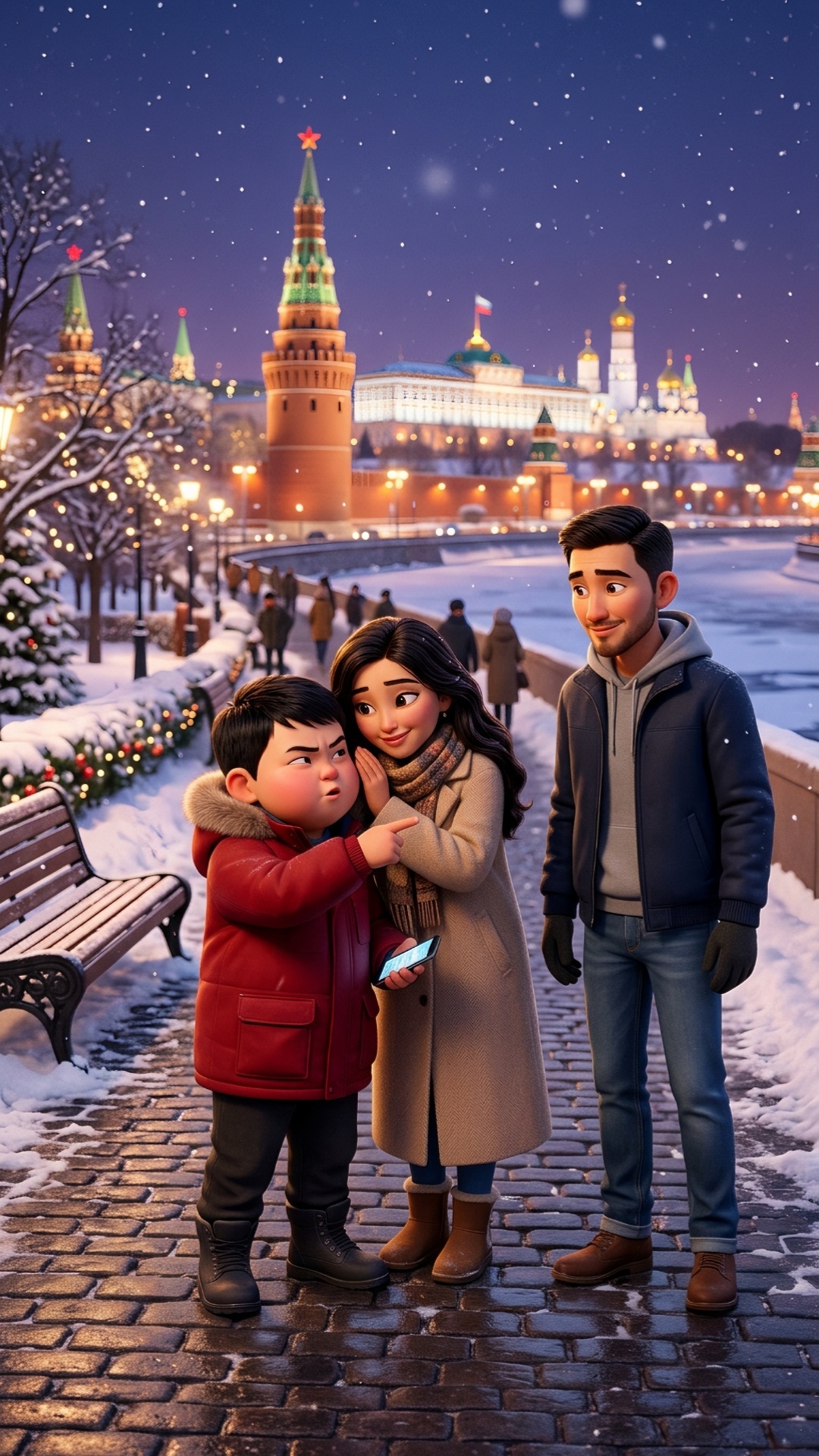Animate this image. Pixar-style 3D, vertical 9:16. Tight two-shot, fast push-in onto ONLY the sis...