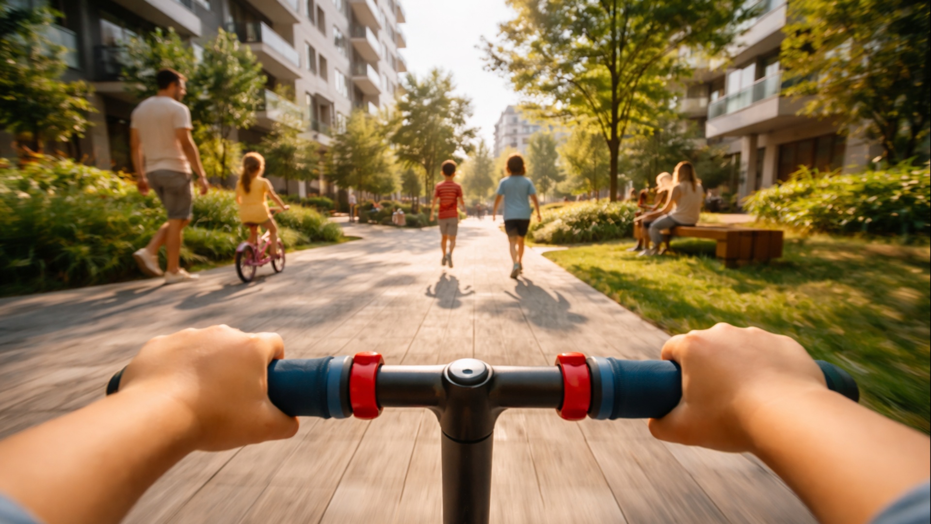 First-person perspective of a child riding a scooter along a sunny residential park pathway. The ...