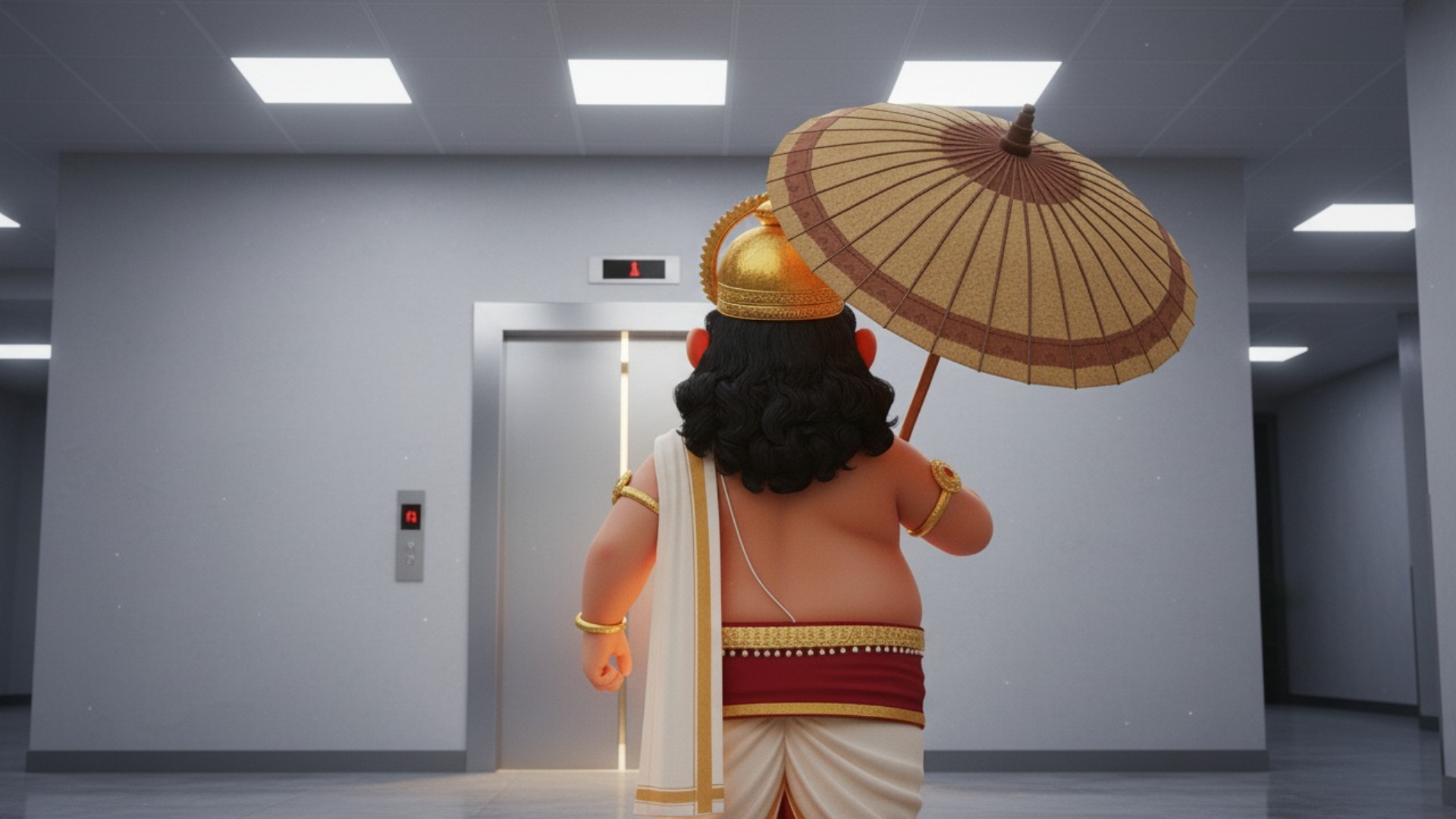 character walks towards the elevator and stops