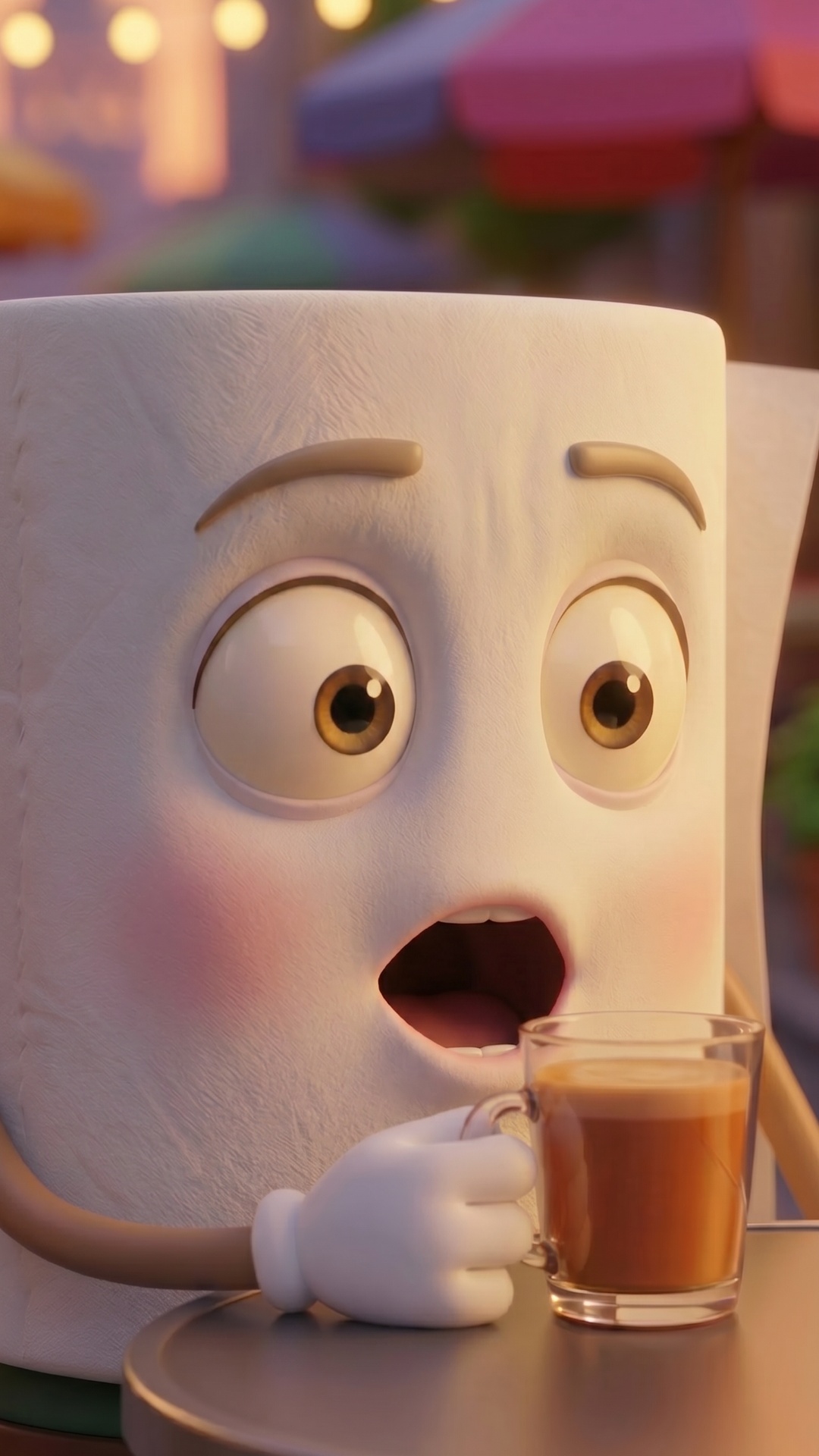 Duration: 4 seconds
Format: 9:16
Quality: 4K

Scene:
Character is sitting, holding a mug in hand,...