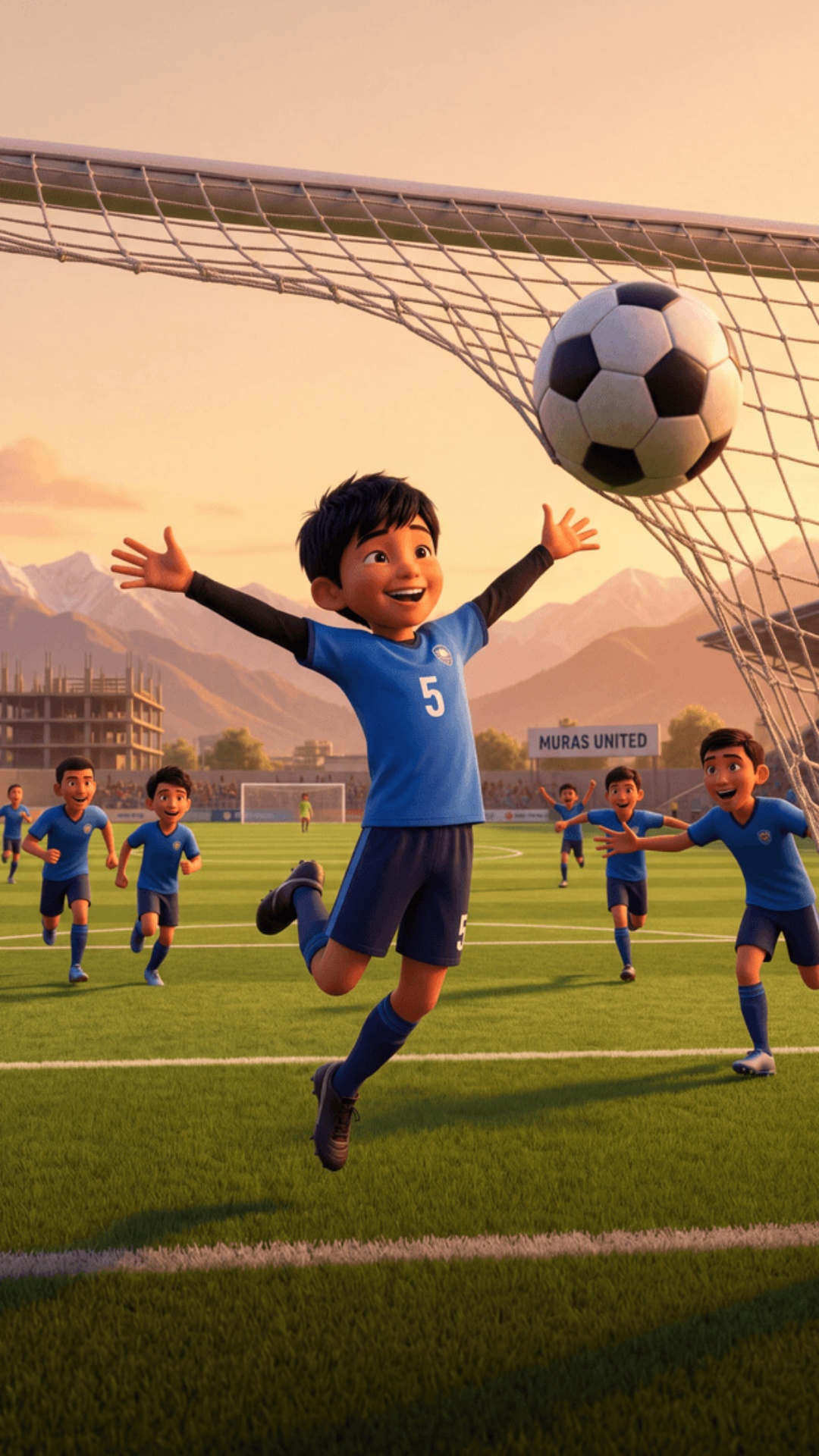 Pixar 3D animation style, cinematic quality.
Outdoor football pitch, golden hour lighting.
Slim K...