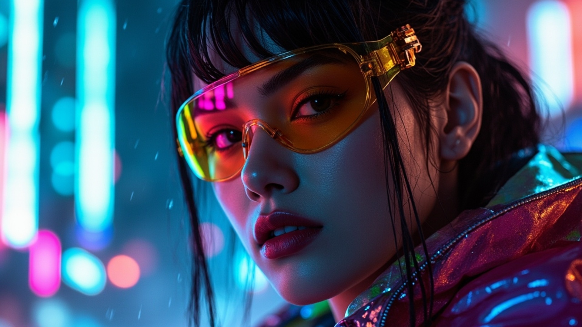 A close-up portrait of a striking cyberpunk woman with sleek dark hair partially wet and falling ...