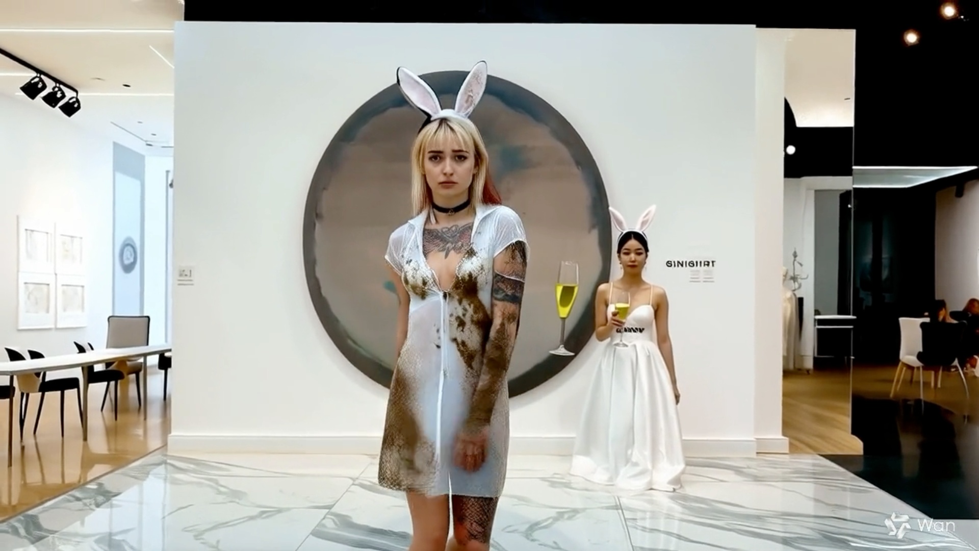 La galerie se remplit d'invitée chics, mais la femme blonde a une crise de folie qui attire l'att...