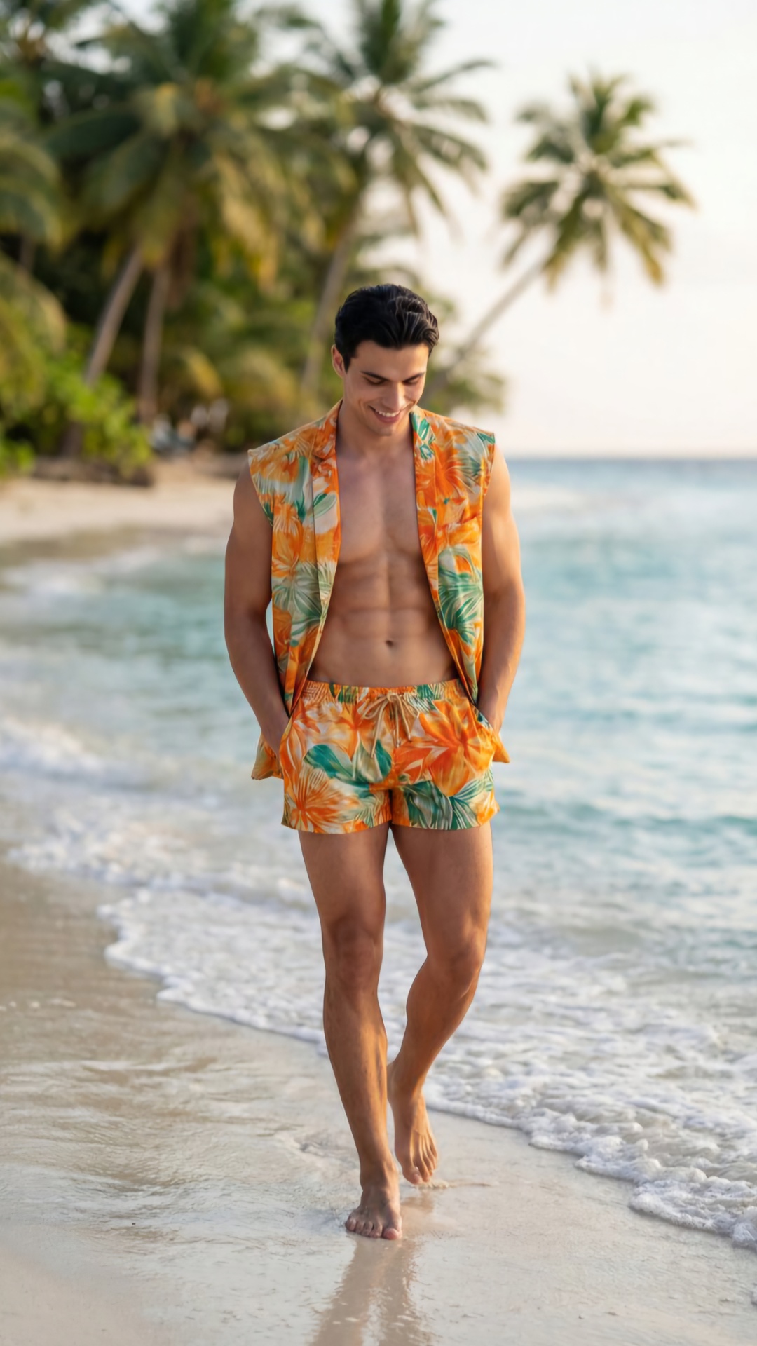ultra realistic cinematic video of a young athletic man walking barefoot along a tropical beach d...