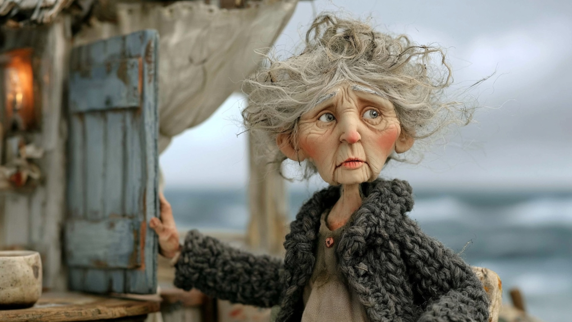 The woman opens the blue wooden shutter wider as a gust of sea wind enters the room, lifting loos...