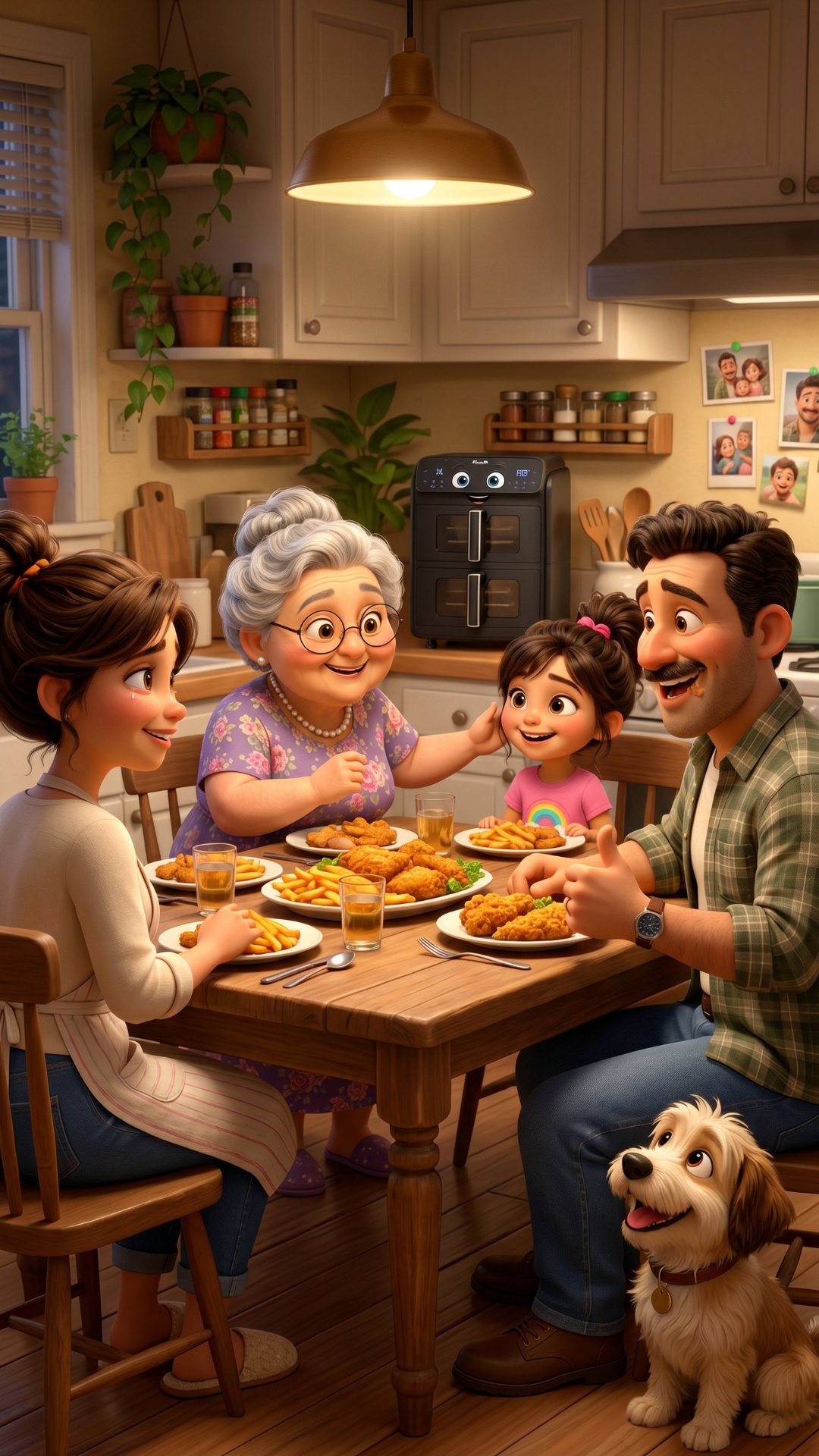 The exact same people from the image only.

Mother and daughter stand beside the table and watc...