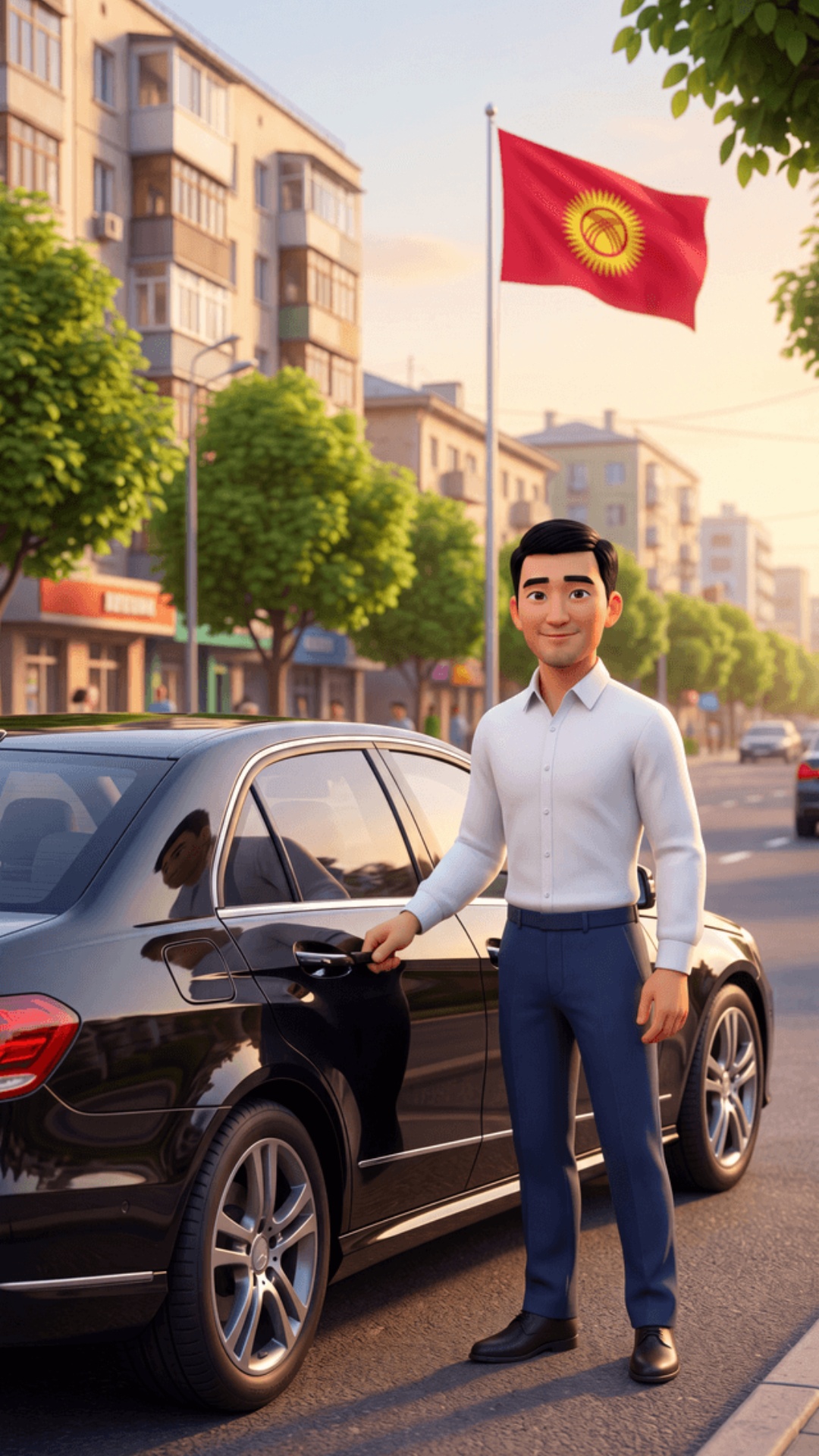 Pixar-style 3D animation, vibrant colors, soft warm sunset light, 9:16 vertical. Street in Bishke...