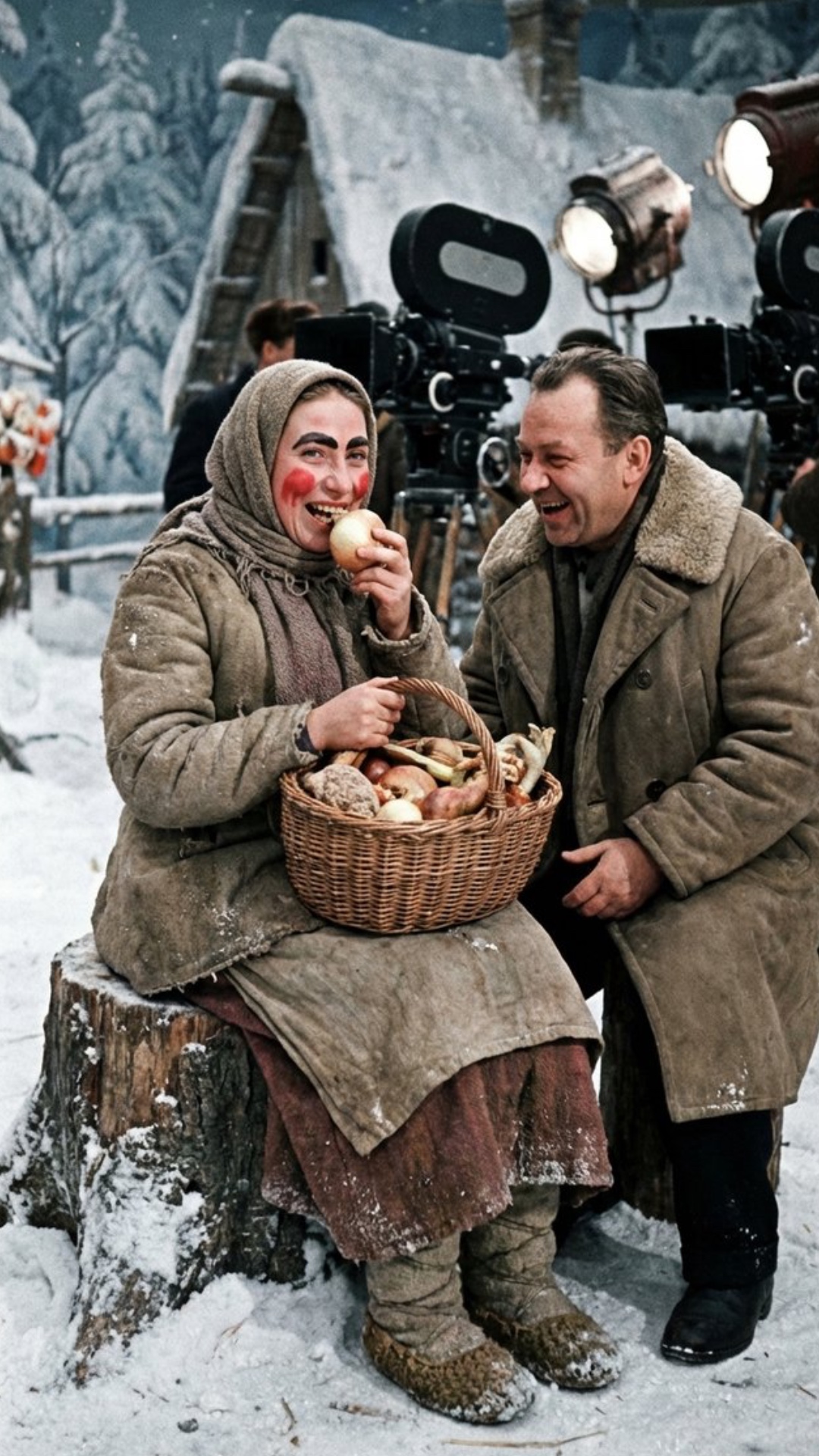 Marfusha sits on a stump, biting an onion and laughing heartily with a man beside her. Snow falls...
