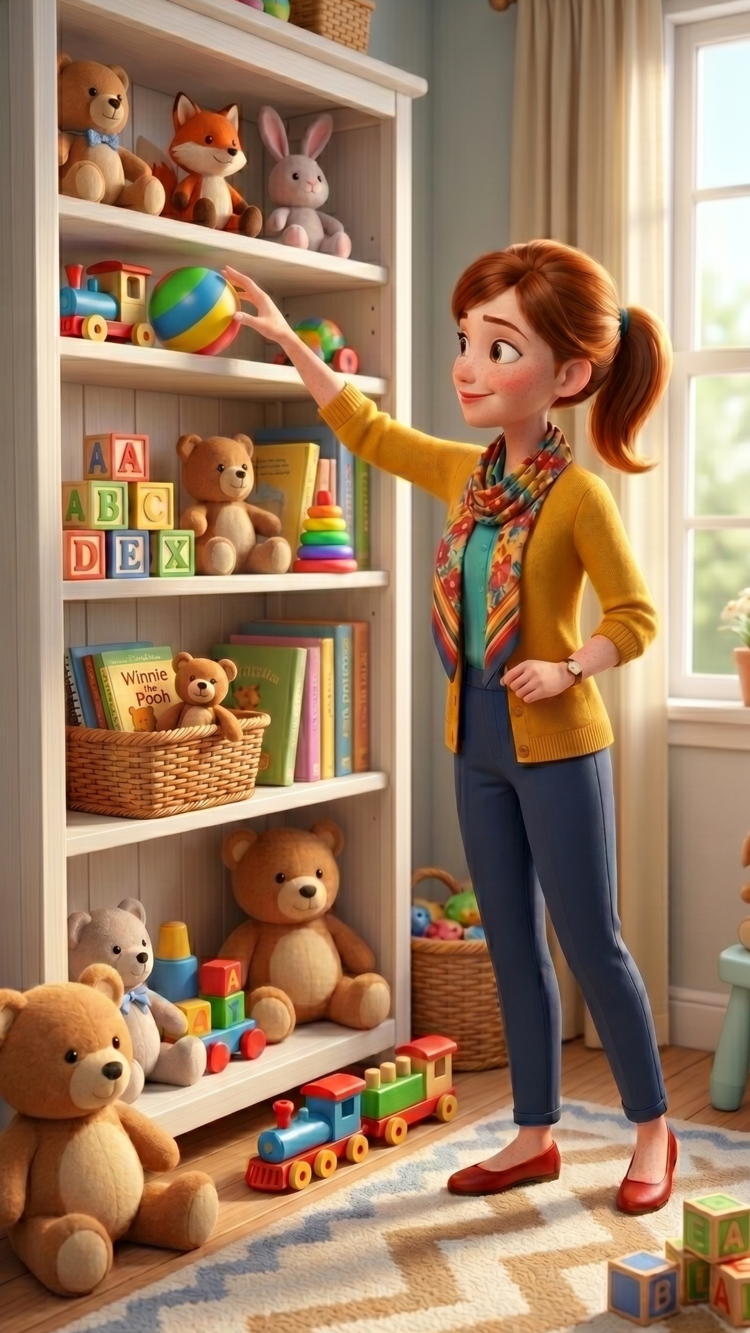 3D animation, Pixar style. A cheerful and dynamic scene in a sunlit playroom. Start state: Miss E...