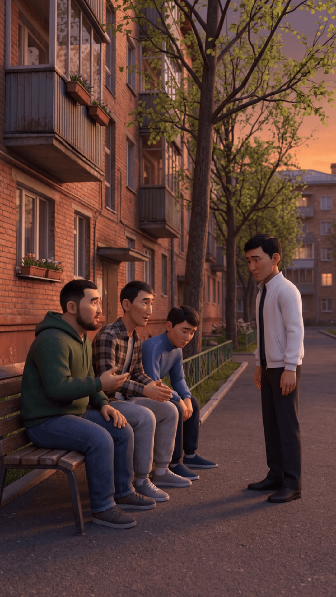 Cinematic Pixar style 3D animation, vertical 9:16.

Spring evening, outside a residential buildin...