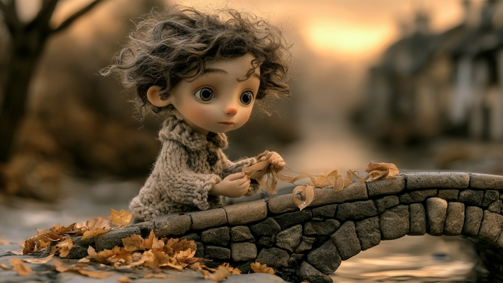 The ribbon unfurls and flutters in the wind after being tied, the child's coat rippling slightly,...