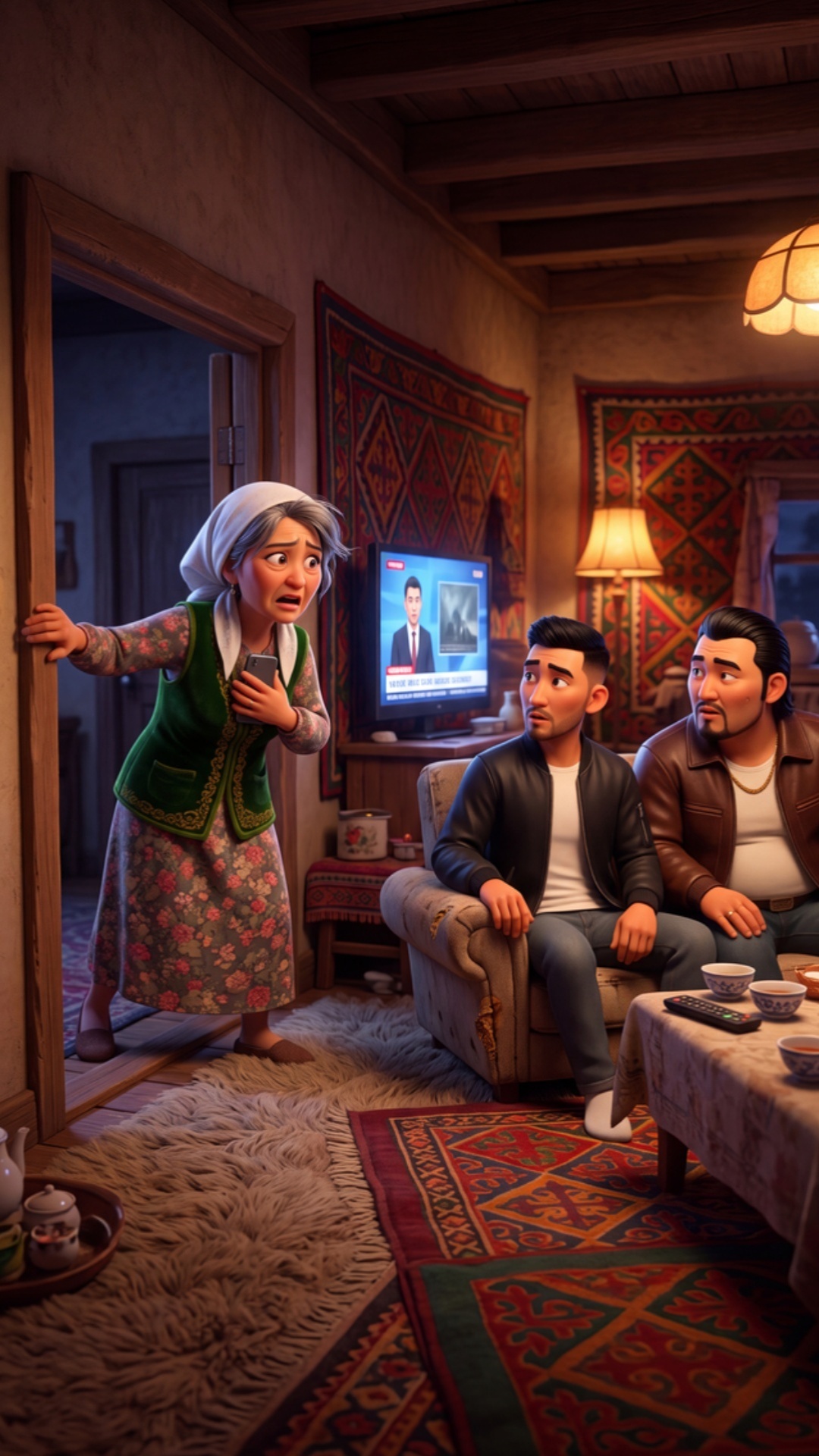 "ONLY Gulmira speaks in this entire clip. Camera cuts sharply to Gulmira. Kyrgyz village home liv...