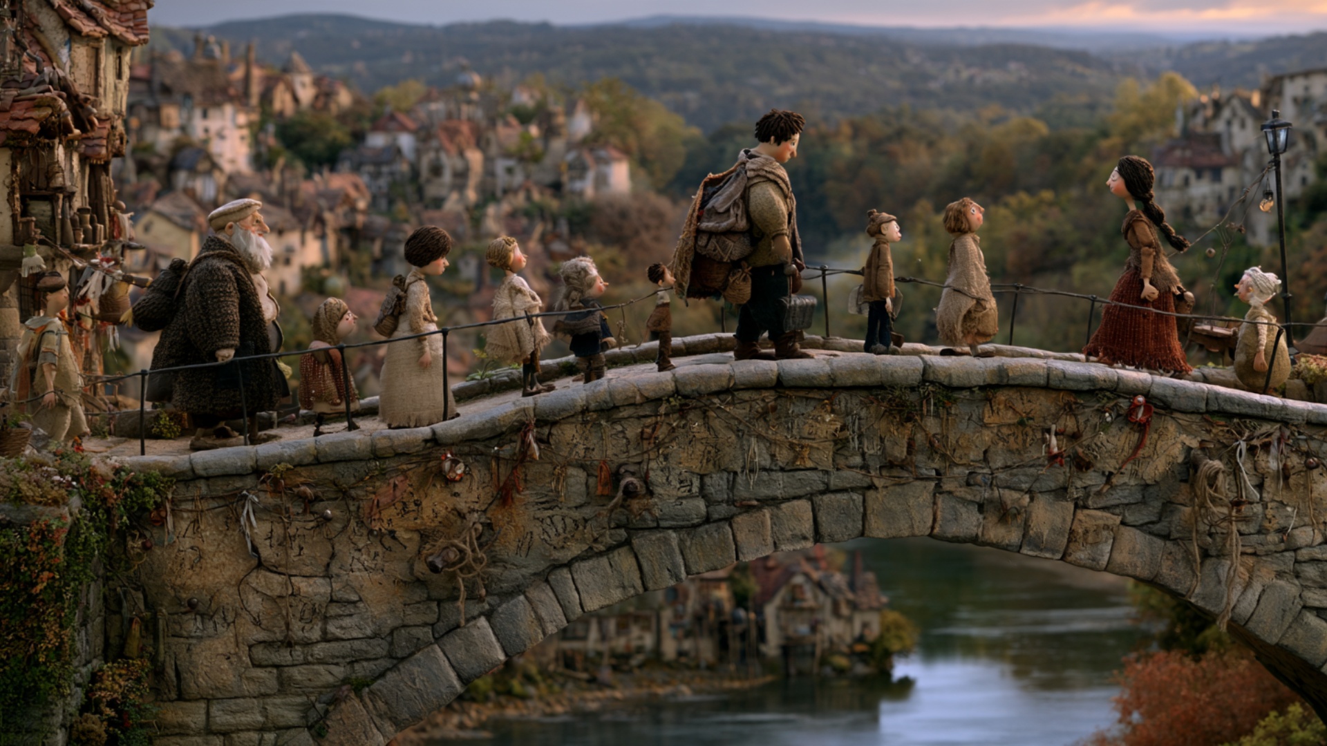 Cinematic lateral camera drift along the stone bridge, creating gentle parallax between the raili...