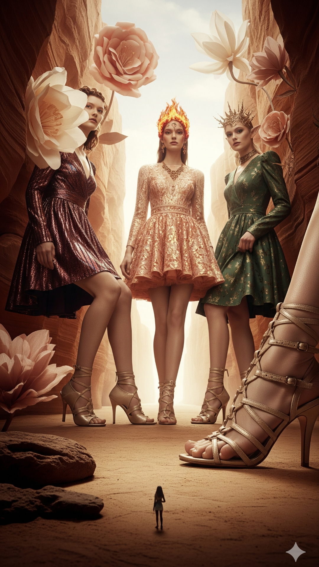 The woman from the middle is walking to the tiny guy and crushing the tiny guy under her shoe. So...