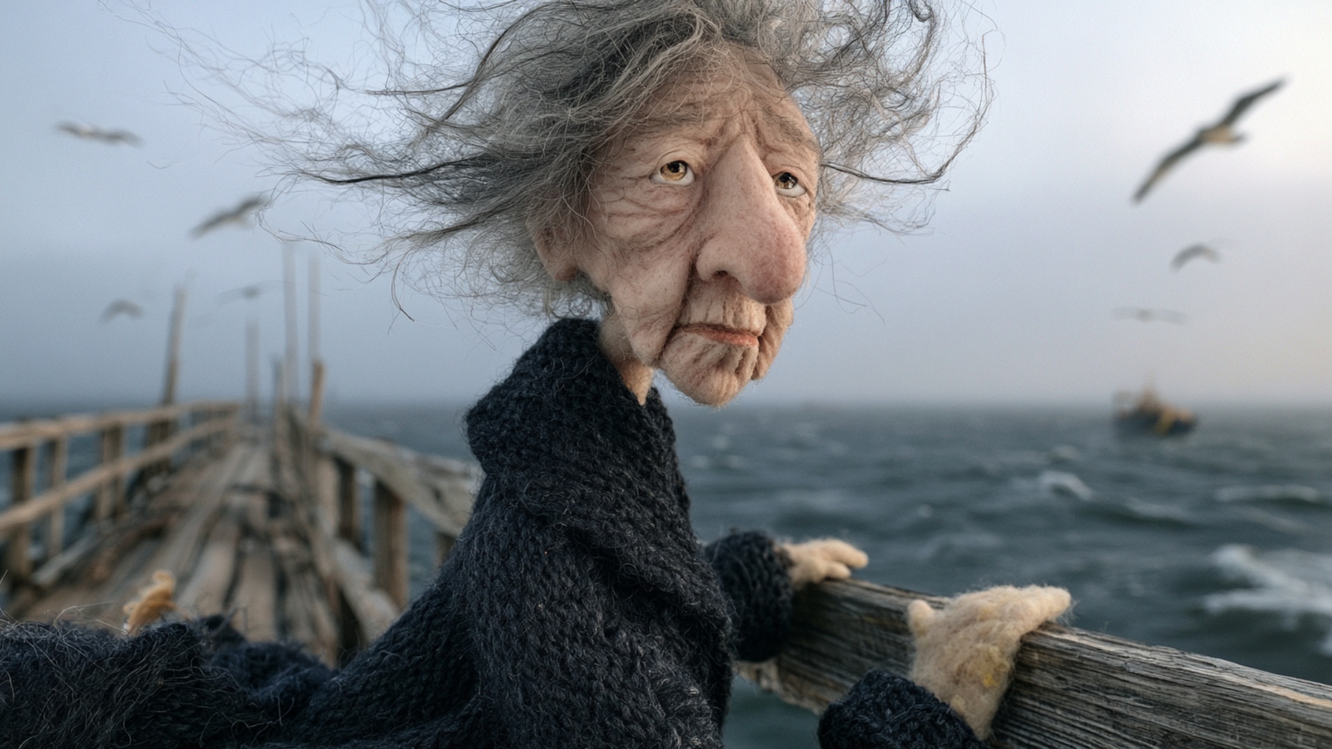 The woman remains quietly at the wooden railing, staring toward the distant sea. A strong but nat...
