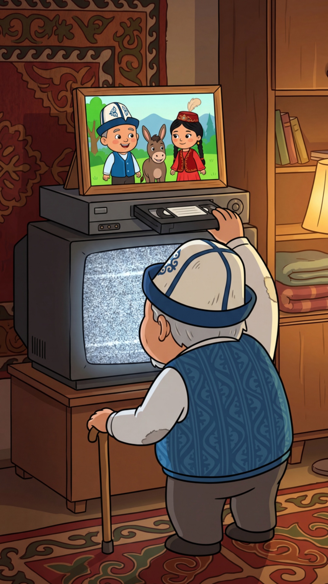 A 2D animated scene in the style of a 2000s Kyrgyz children's cartoon.

Setting:
Interior of a...
