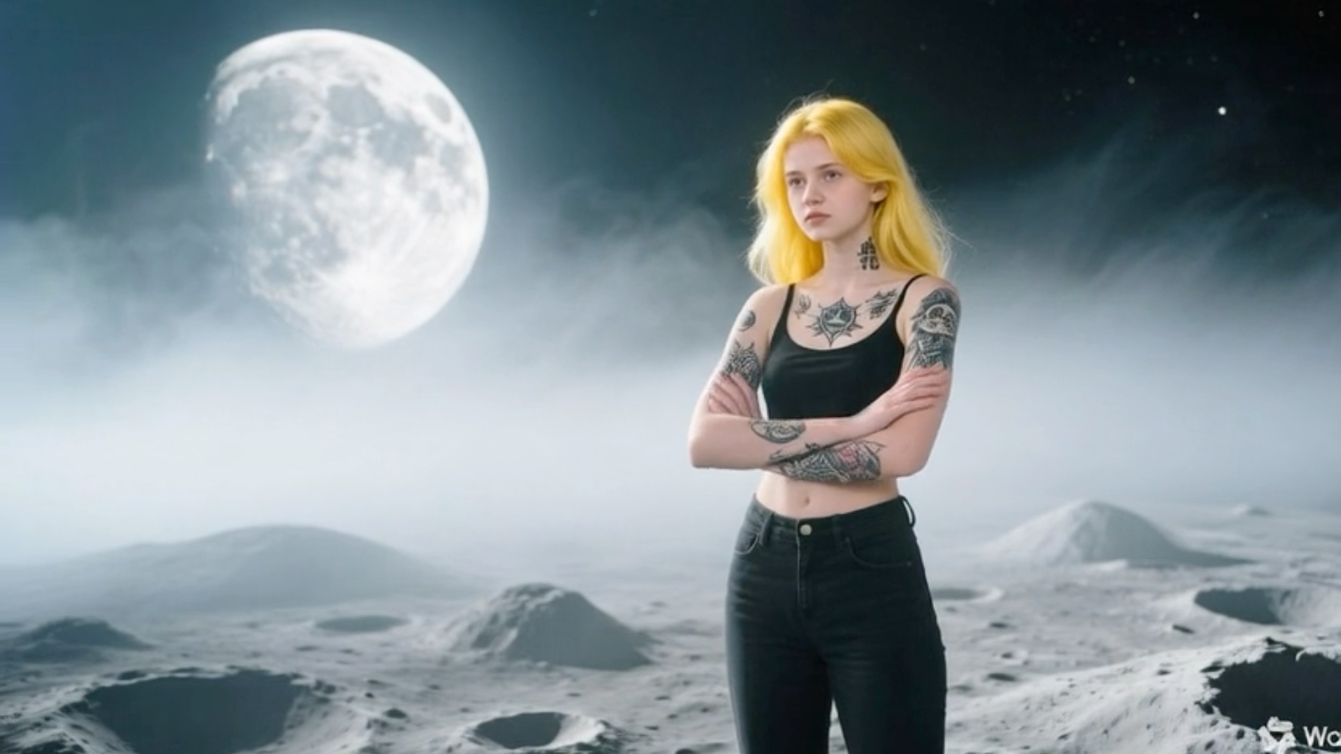 Le miel coule depuis les cratères et la jeune femme le goûte avec délice, malgré le vent lunaire.