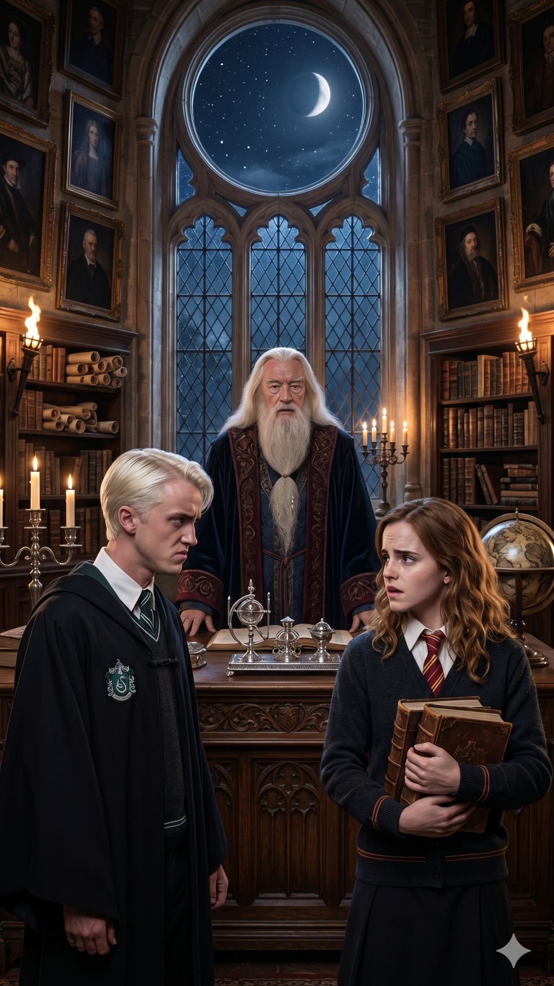 Vertical 9:16, cinematic fantasy drama inside a magical academy headmaster office, round gothic w...