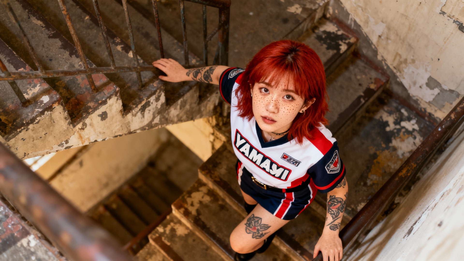 La jeune femme glisse dans les escaliers et se rattrappe de justesse.