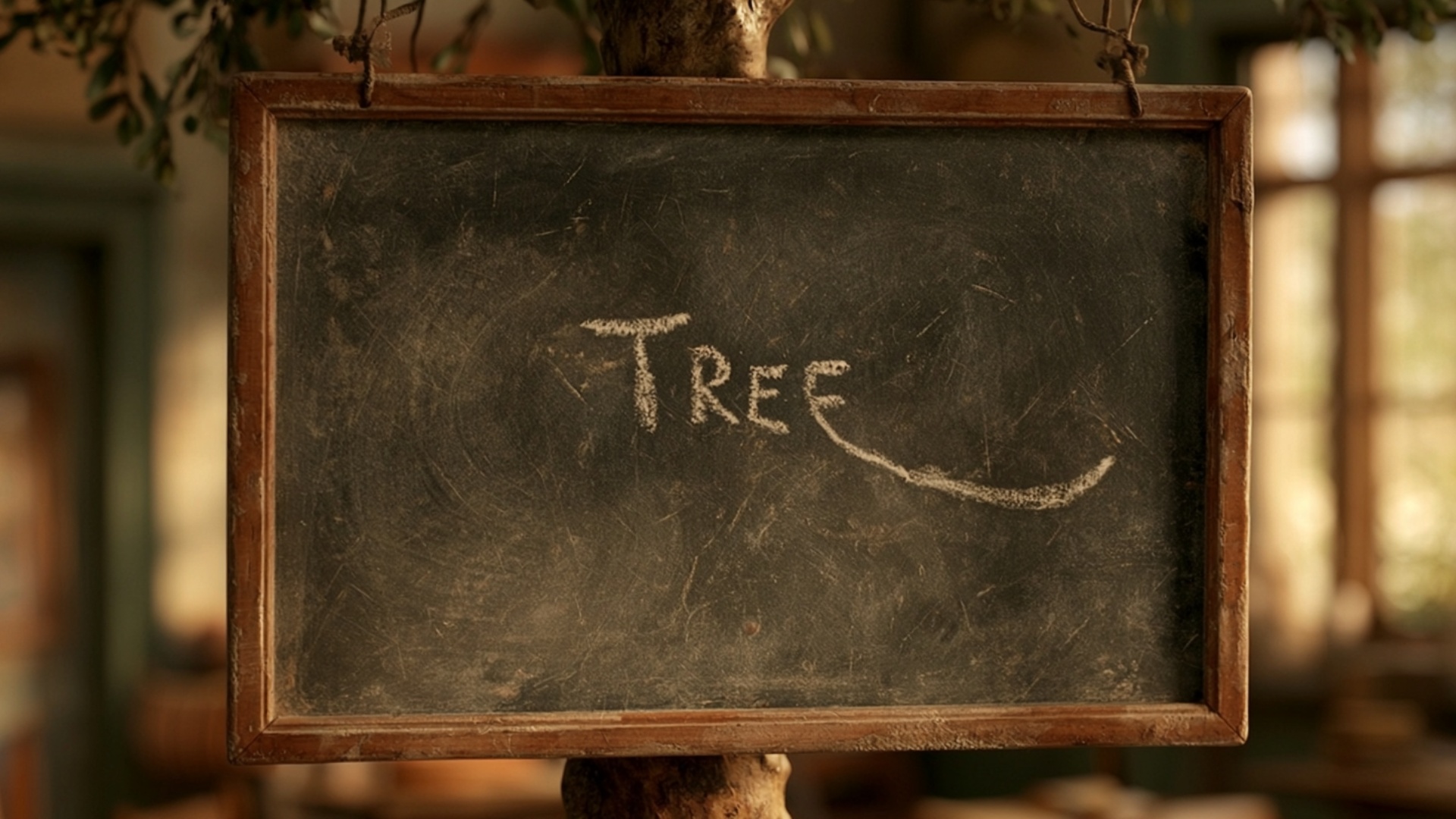 Same exact camera angle, same old classroom blackboard, same handwritten word TREE, same lighting...