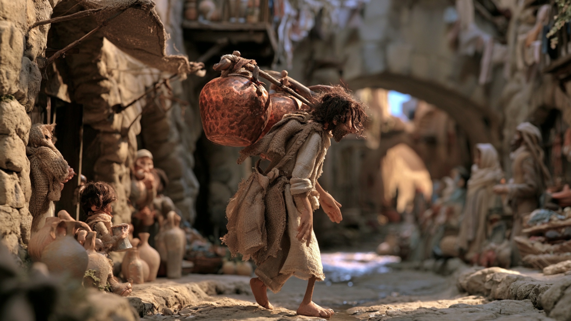 The water carrier takes two slow heavy steps forward from his existing bent posture, carefully ba...