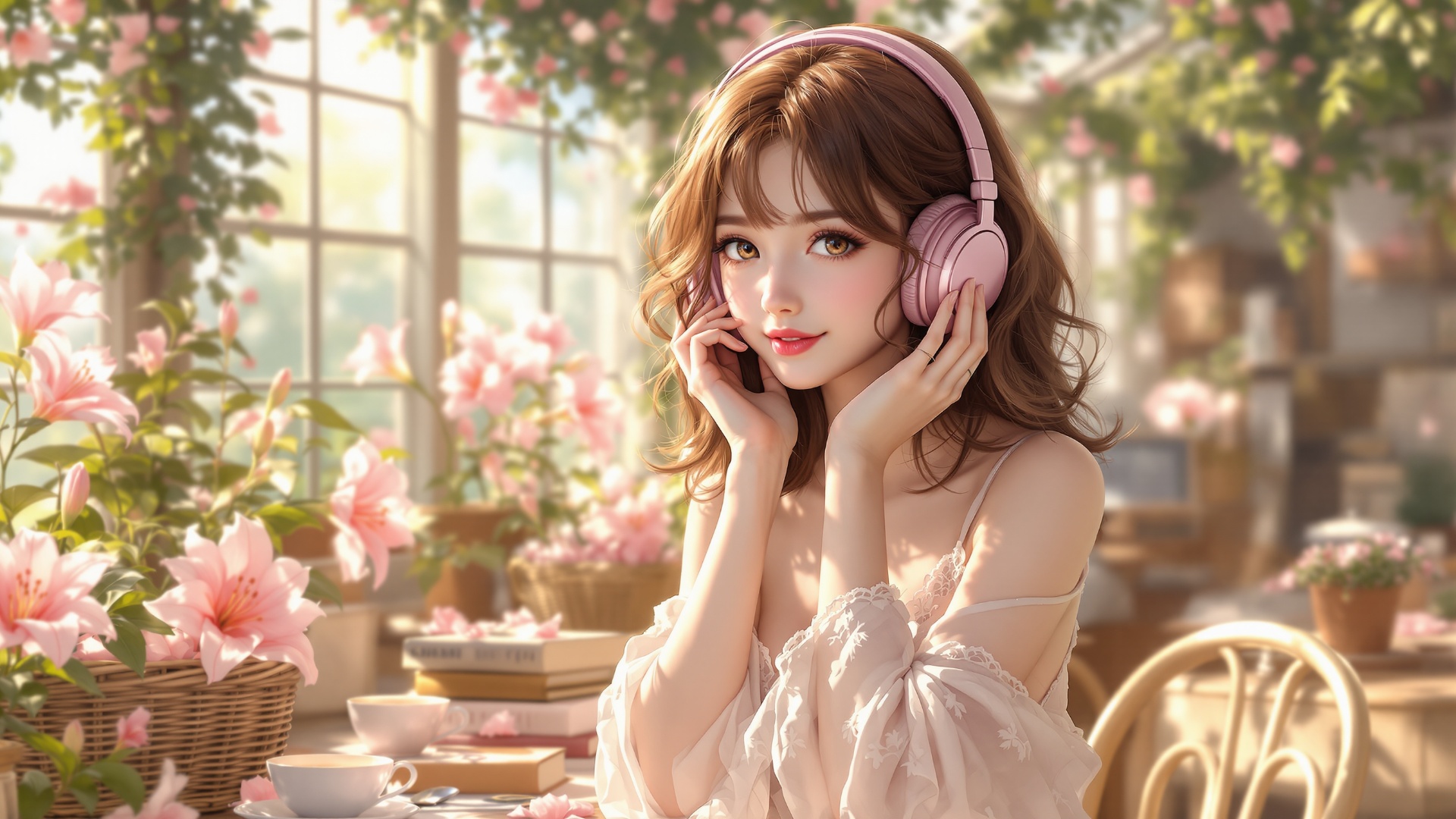 A fixed shot of a girl sitting completely still in one place, quietly listening to music. Her fac...