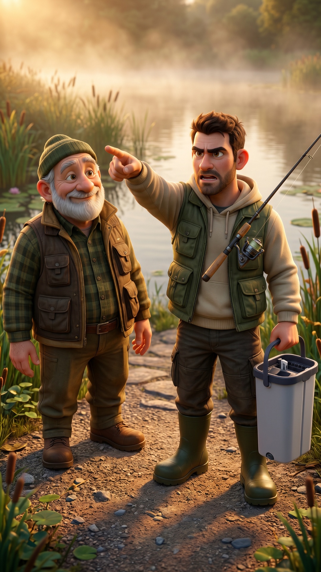 Father stands near lake pointing confidently вдаль одной рукой while holding fishing rod and Eltr...