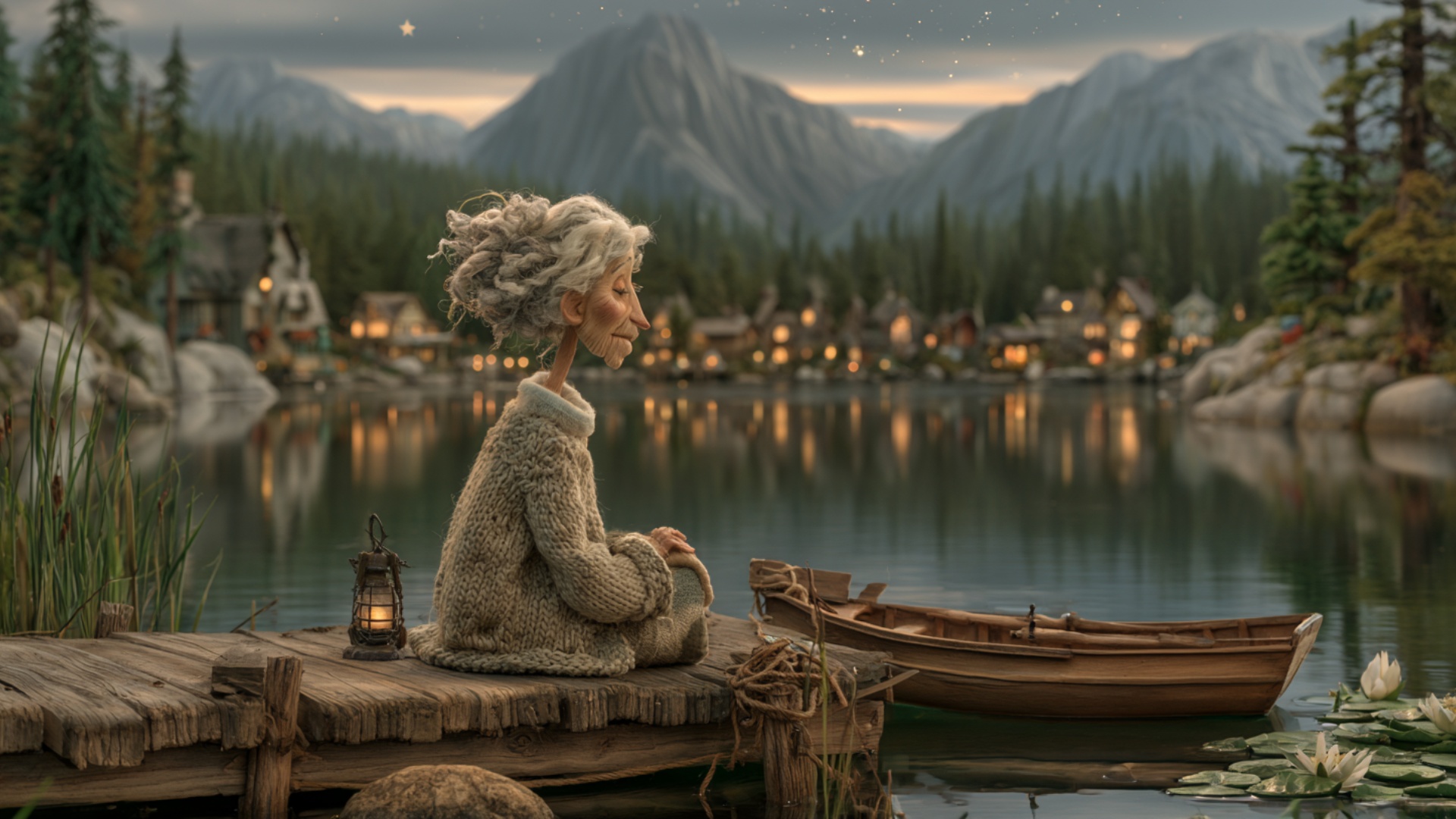 The elderly woman remains seated peacefully on the wooden dock with her eyes closed, hands relaxe...