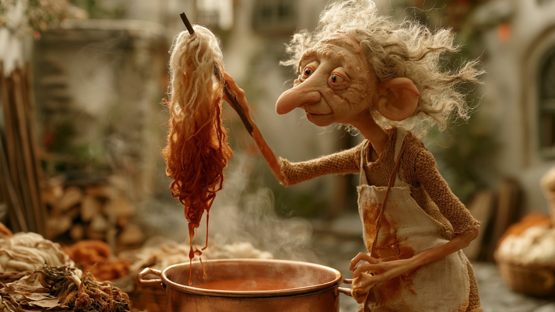 The woman raises the dyed wool skein a little higher above the copper pot and turns the wooden st...