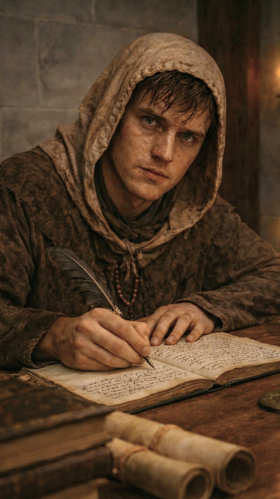 Cinematic vertical 9:16, warm candlelit medieval interior, soft dramatic light, shallow depth of ...