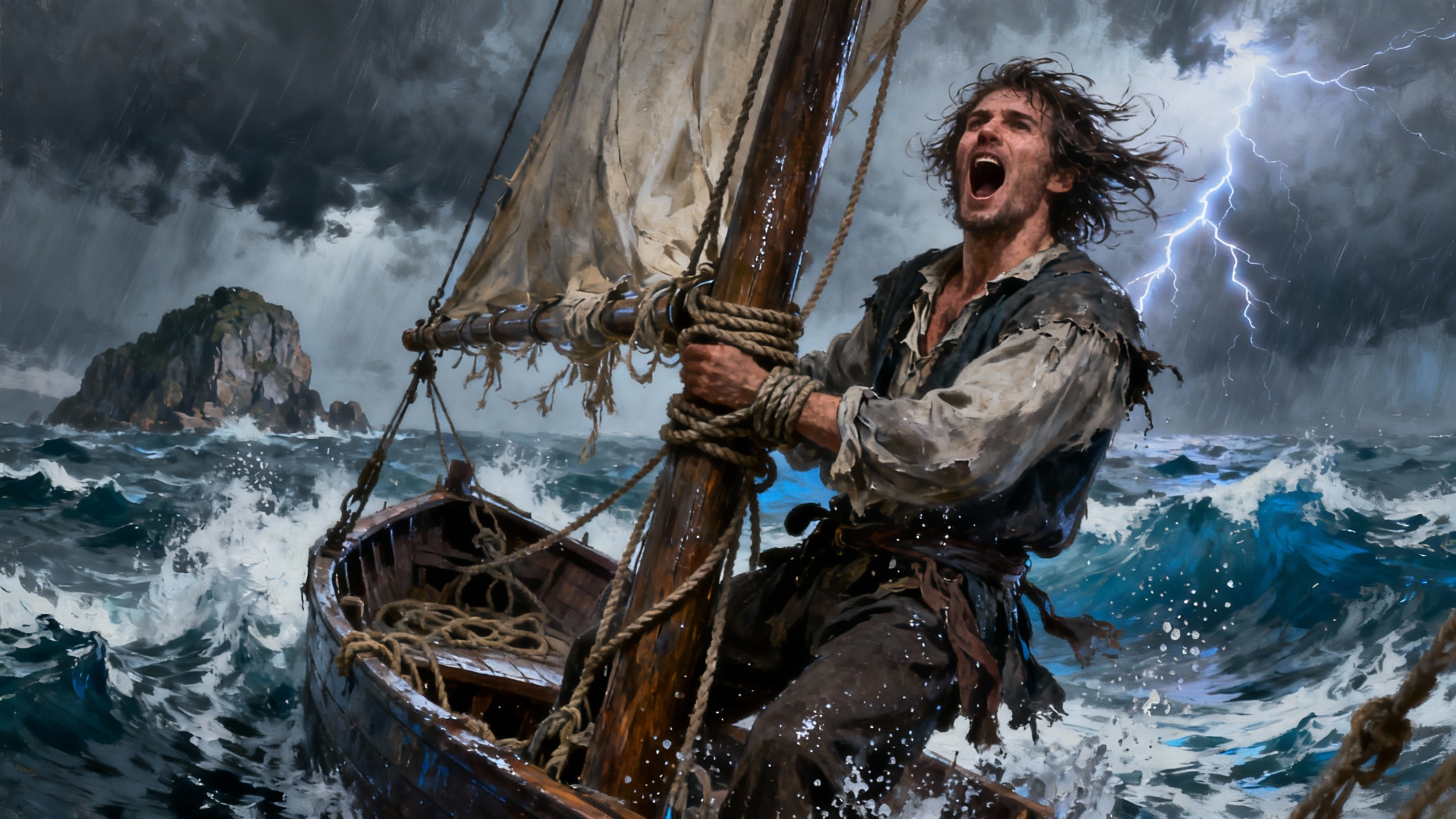 The storm rages, the sailboat is tossed about, a cruel siren emerges from the crest of a foamy wave.