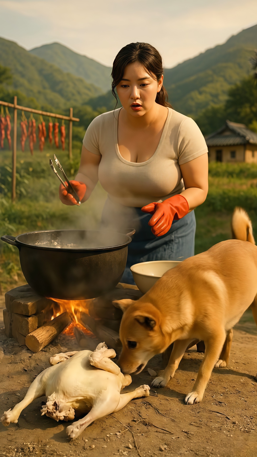 The setting is a quiet Korean countryside.
A Korean woman looks very sad as she stares at the chi...