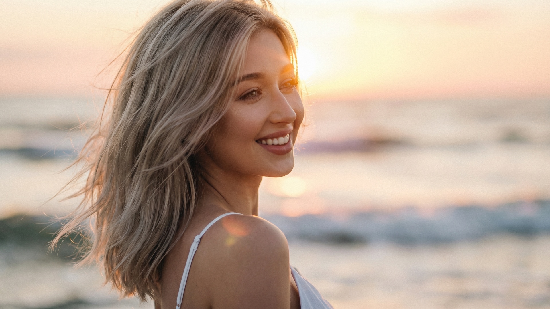 Subject: Woman's face in an extreme close-up cinematic portrait
Context: Seaside during golden ho...