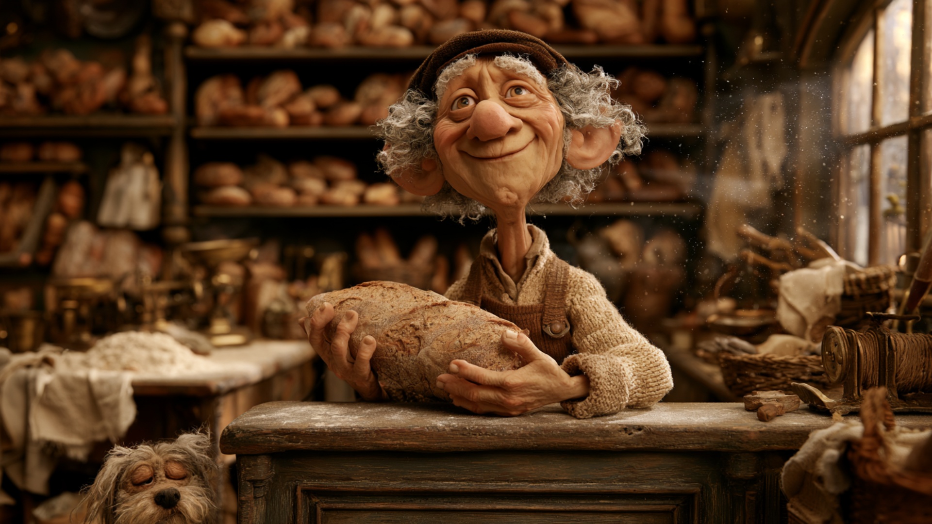 The baker keeps the large loaf securely in both hands and slowly turns it slightly to inspect the...