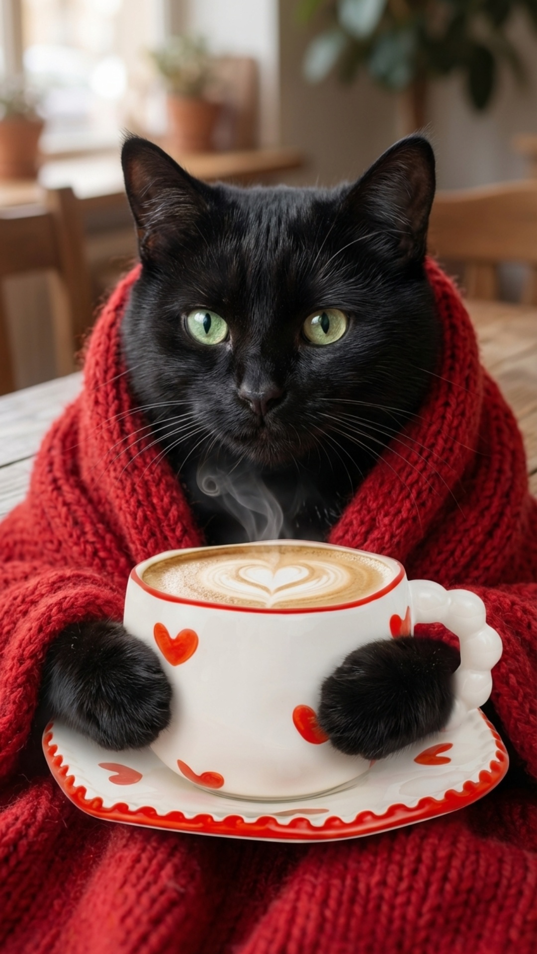 cozy cinematic animation, black cat wrapped in a red knitted blanket holding a cup of hot coffee ...