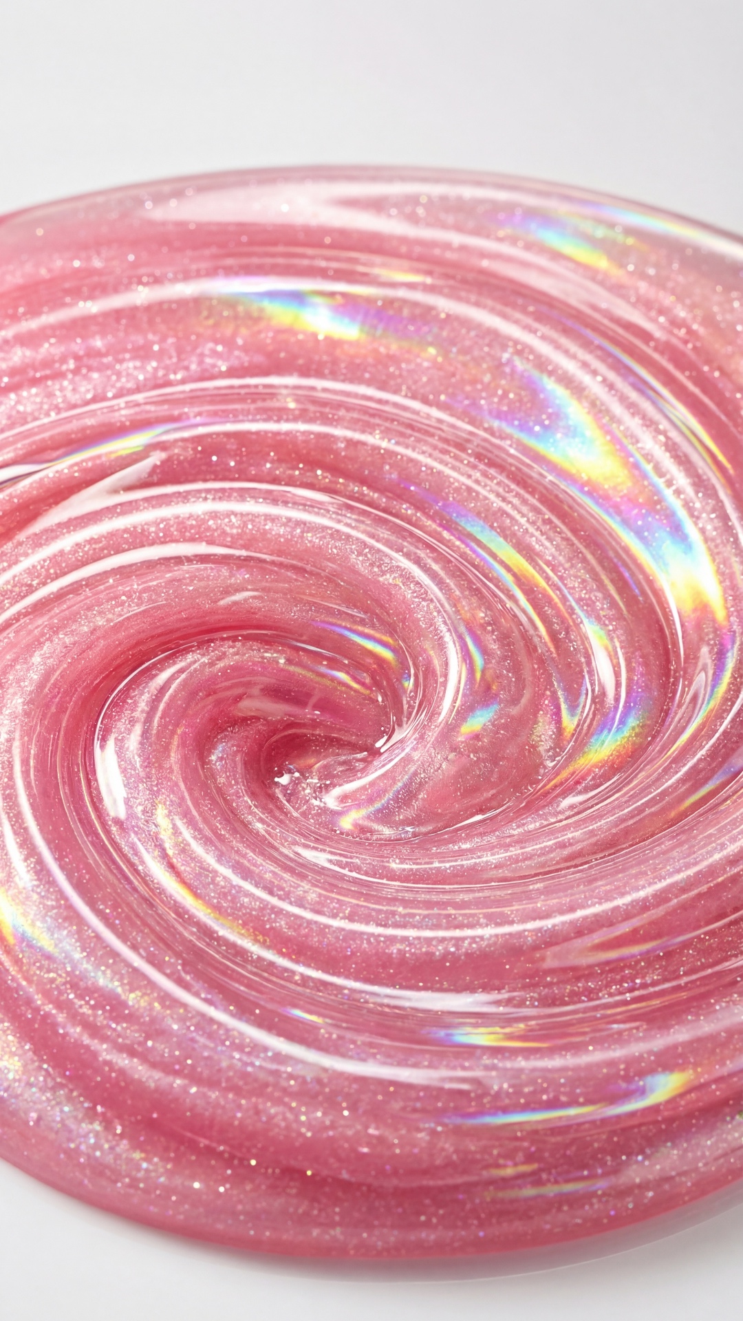 a thick glossy pink lip gloss swirl rotates slowly, the center tightens, from the vortex a transp...