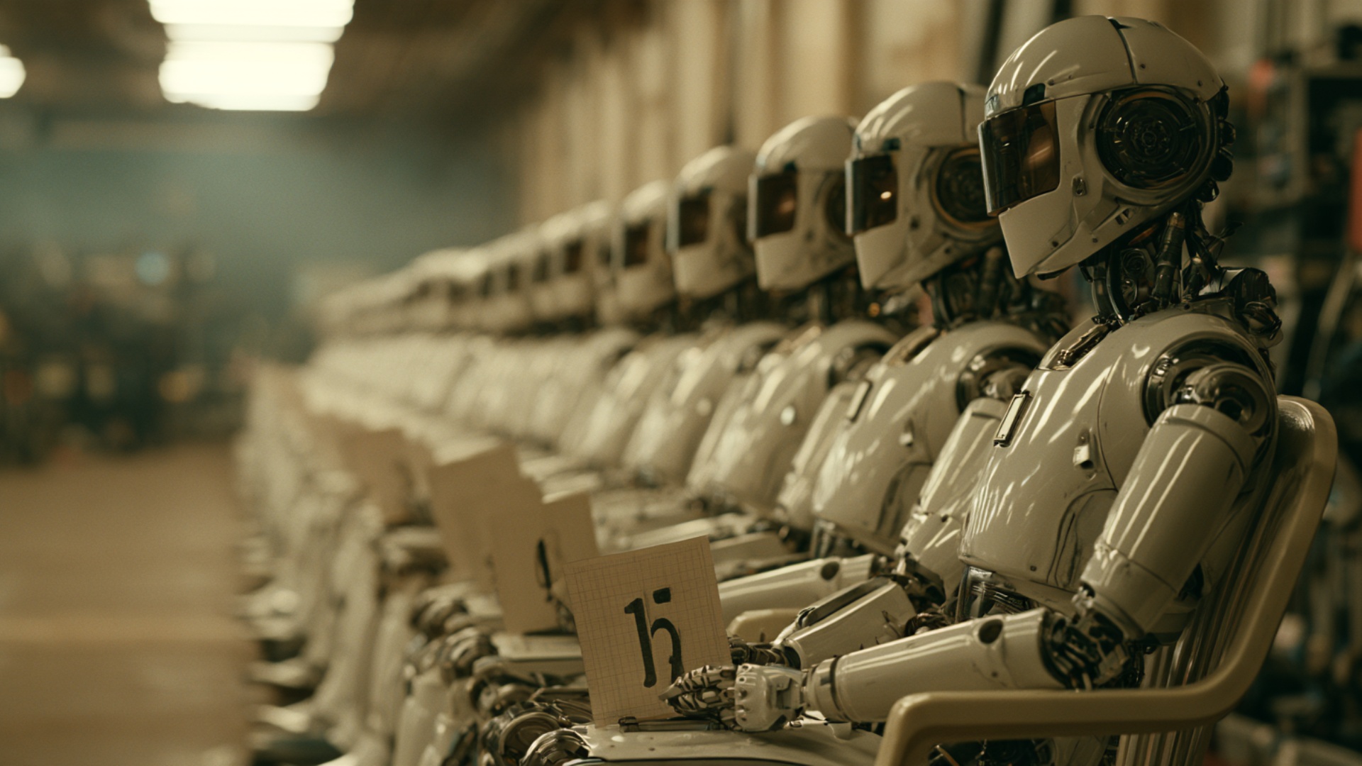 Slow smooth dolly move along the row of identical white humanoid robots sitting on chairs. Sudden...