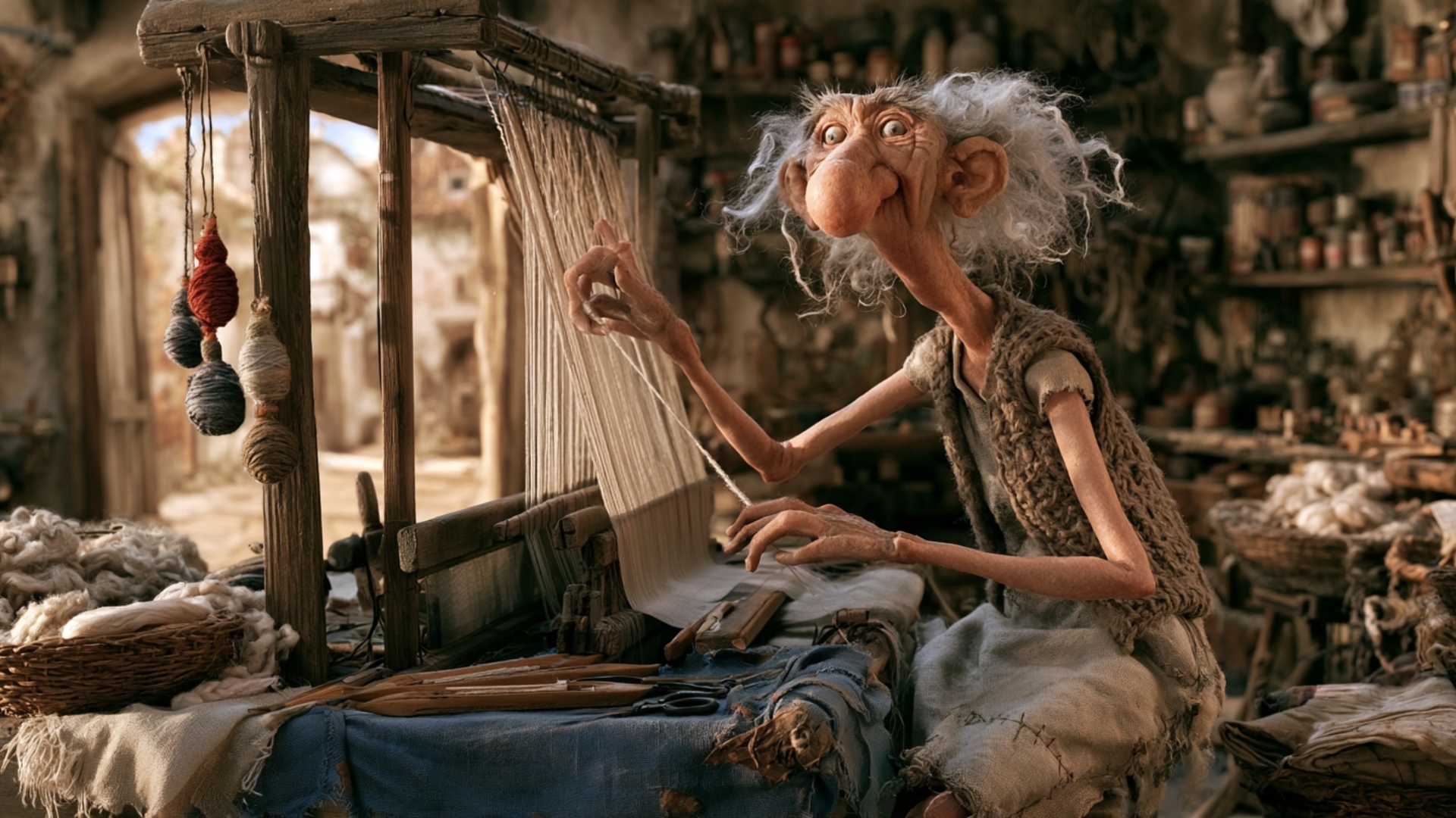 The elderly weaver separates several vertical warp threads with one hand and pulls a loose strand...