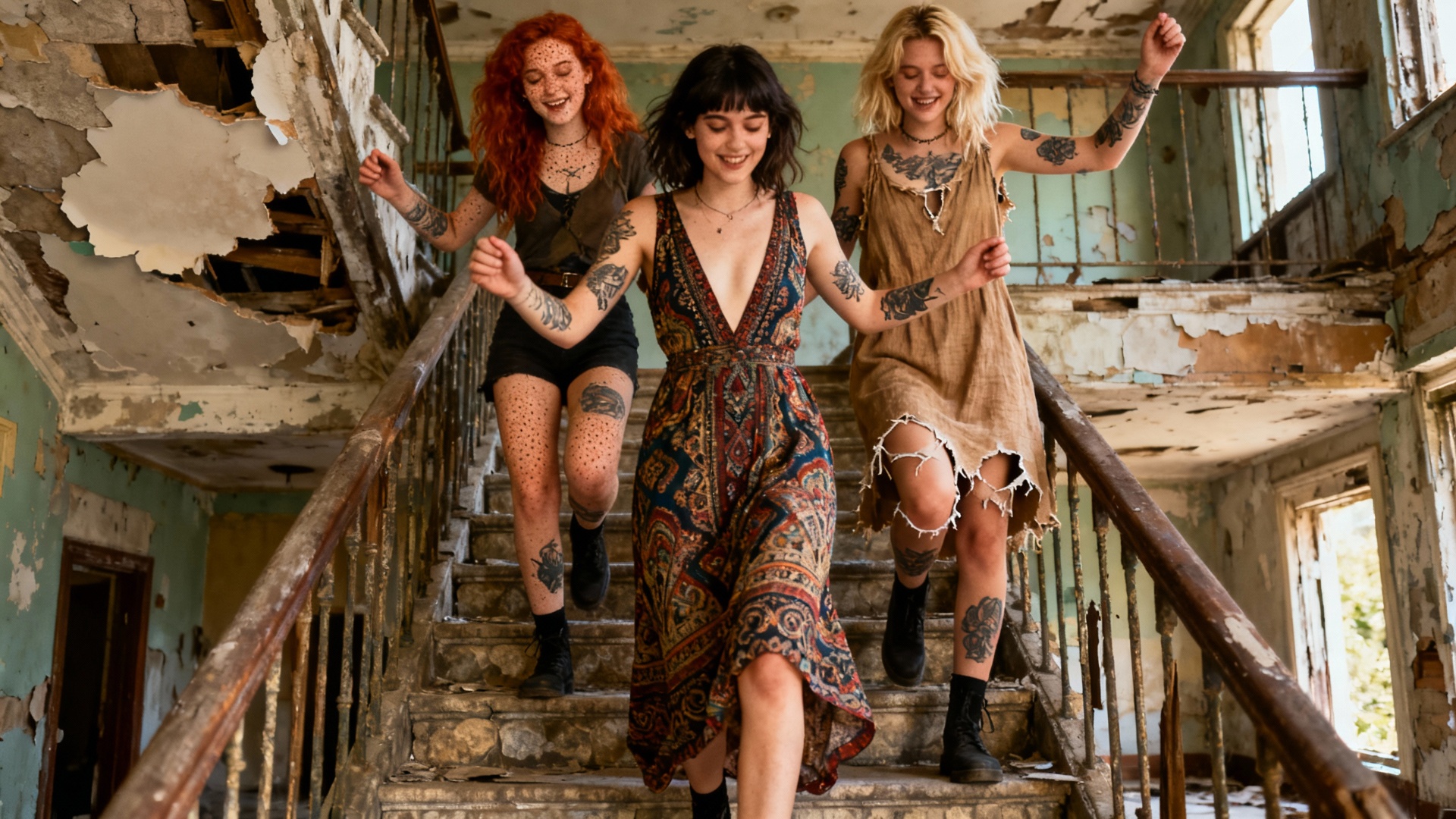 Trois jeunes femmes descendent l'escalier, la blonde rate une marche et se rattrape in extremis, ...