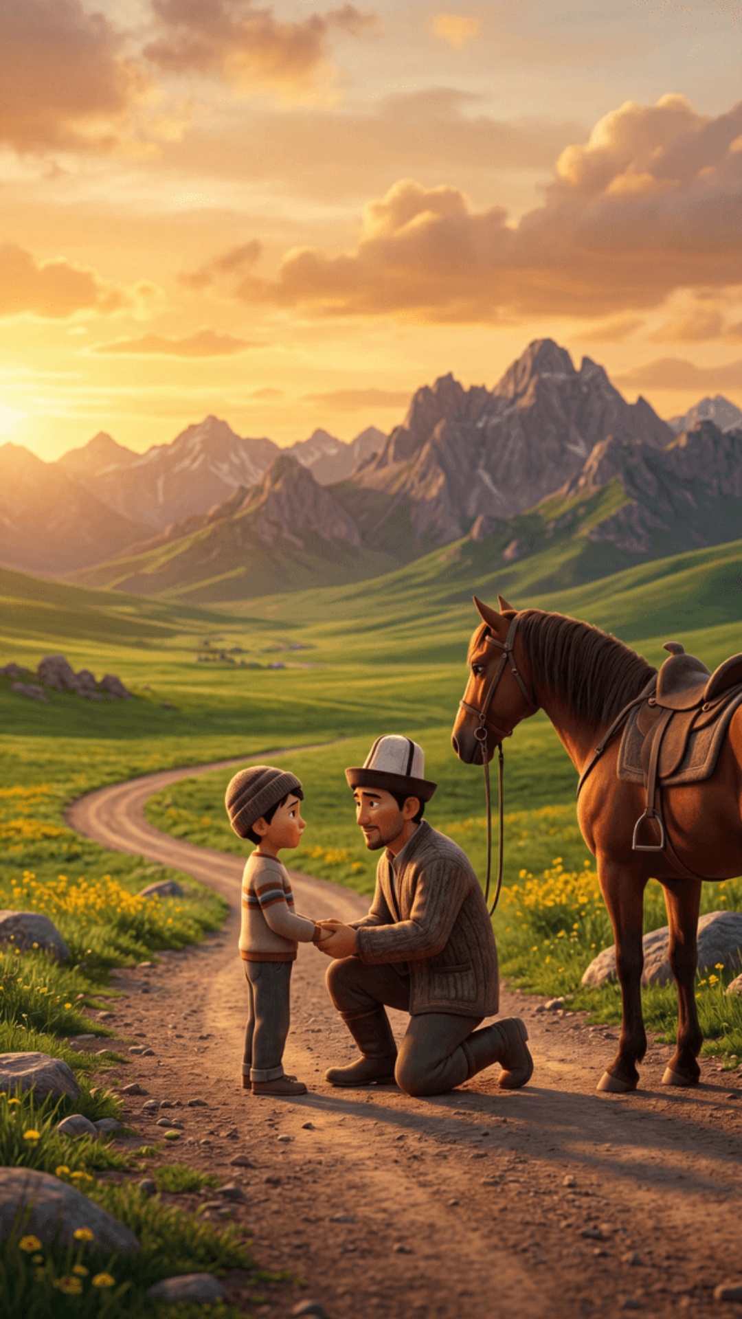 Pixar 3D animation, cinematic realism. Kyrgyz dirt road, golden sunset, 
dramatic mountains in b...