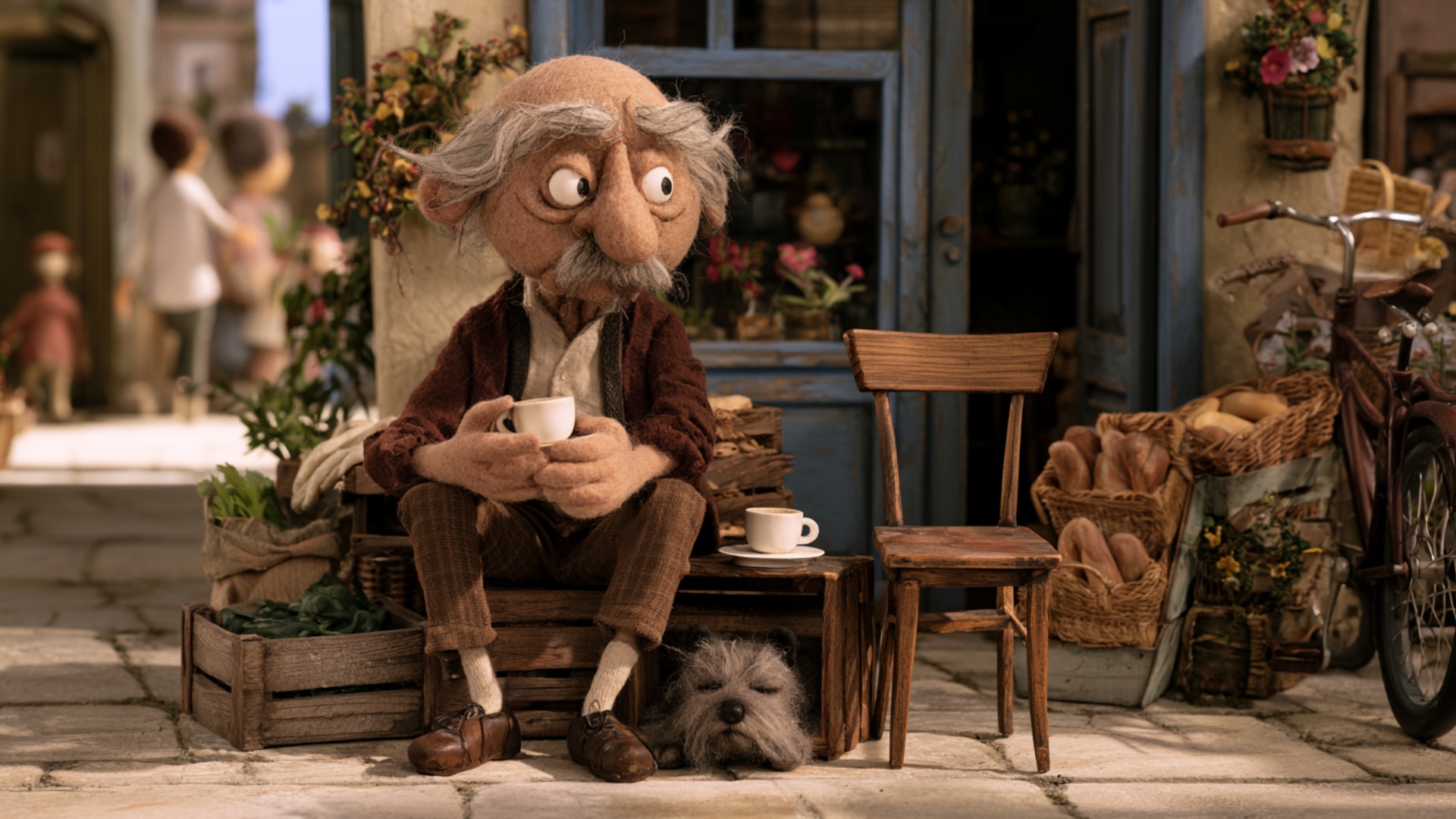 The elderly man watches the street with quiet expectation while holding the cup steadily in both ...