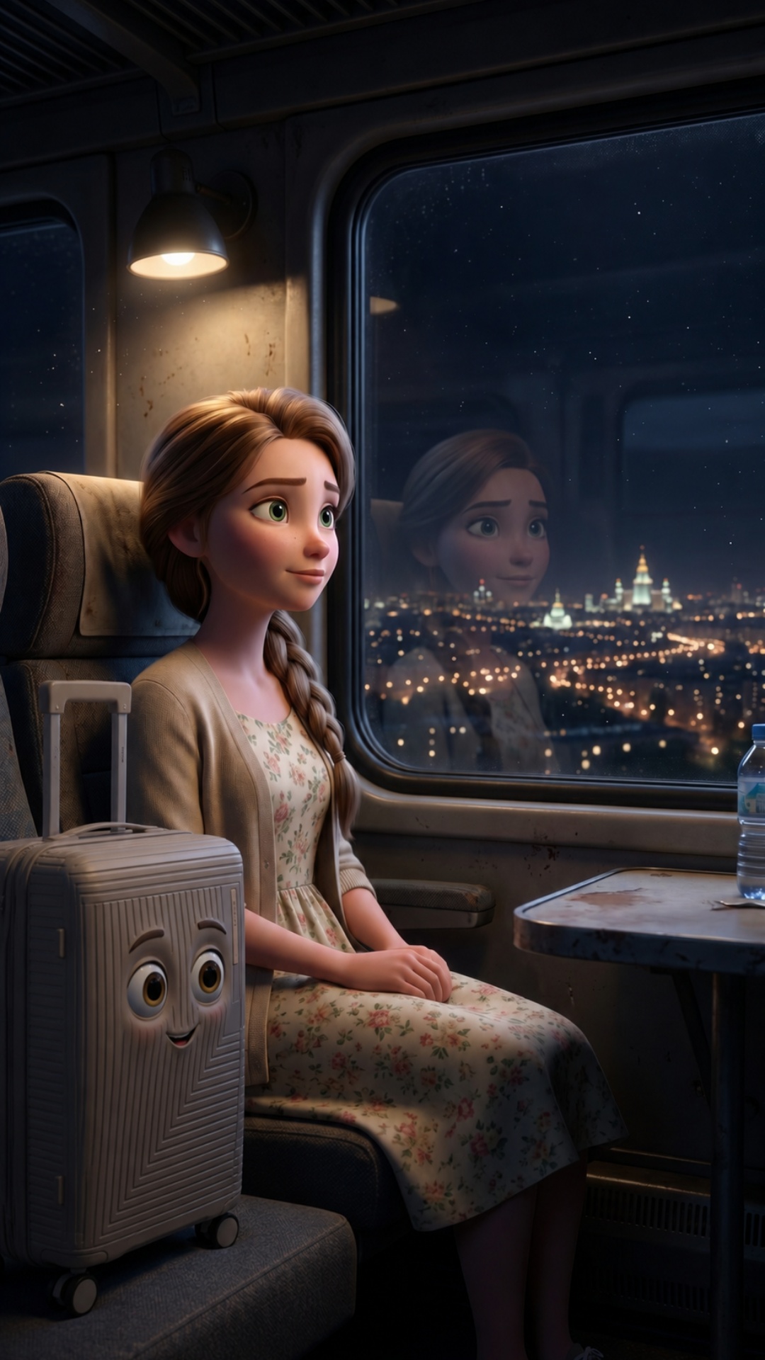 Inside the train at night. Characters: - Evdokia - LENDA suitcase Evdokia sits by the window. The...