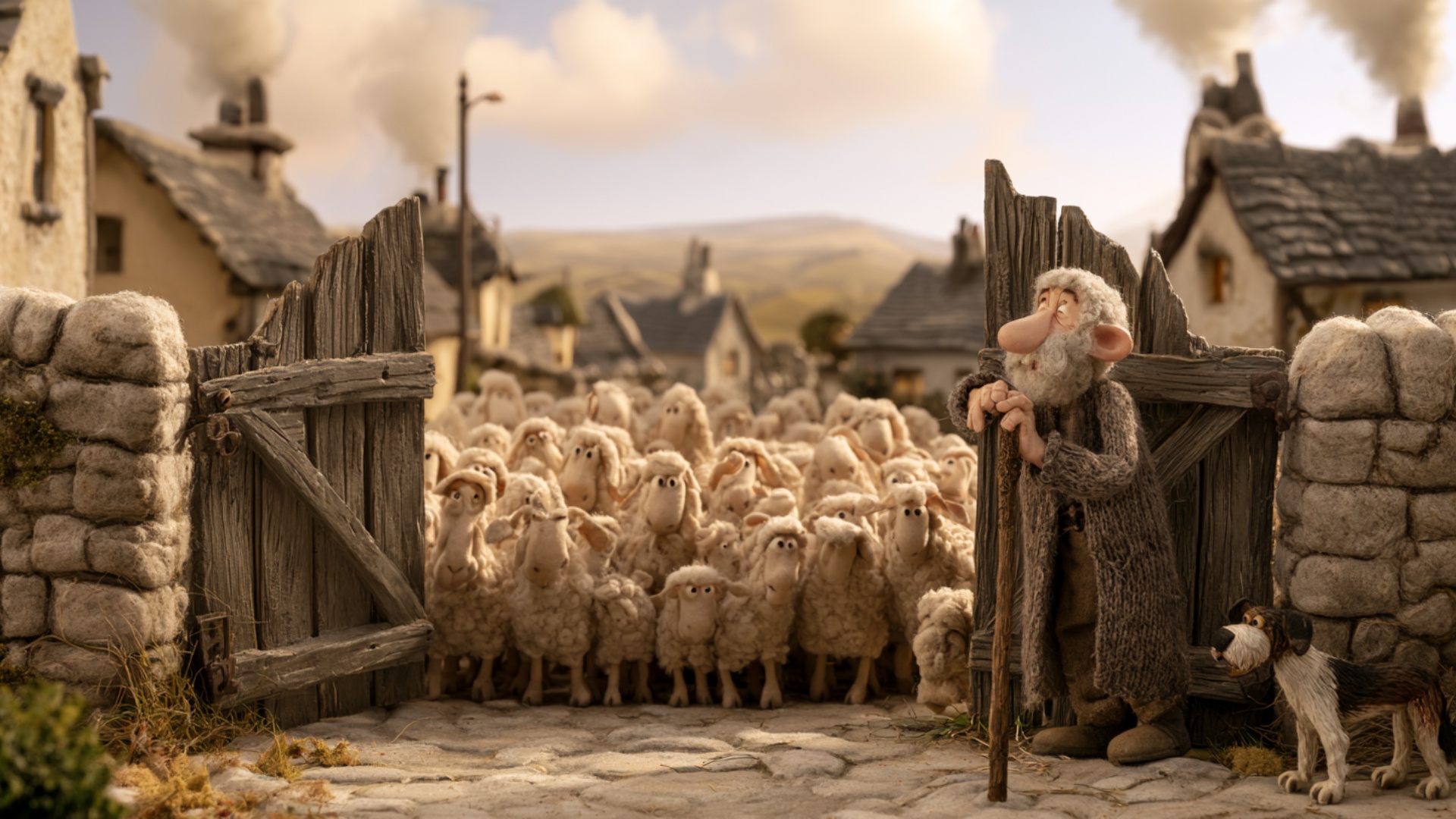 The shepherd steps away from the gate opening and raises one hand to release the flock. The first...