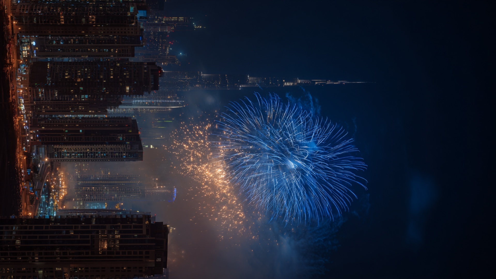 A cinematic ultra realistic video of Dubai skyline at night with Burj Khalifa in the distance. Su...