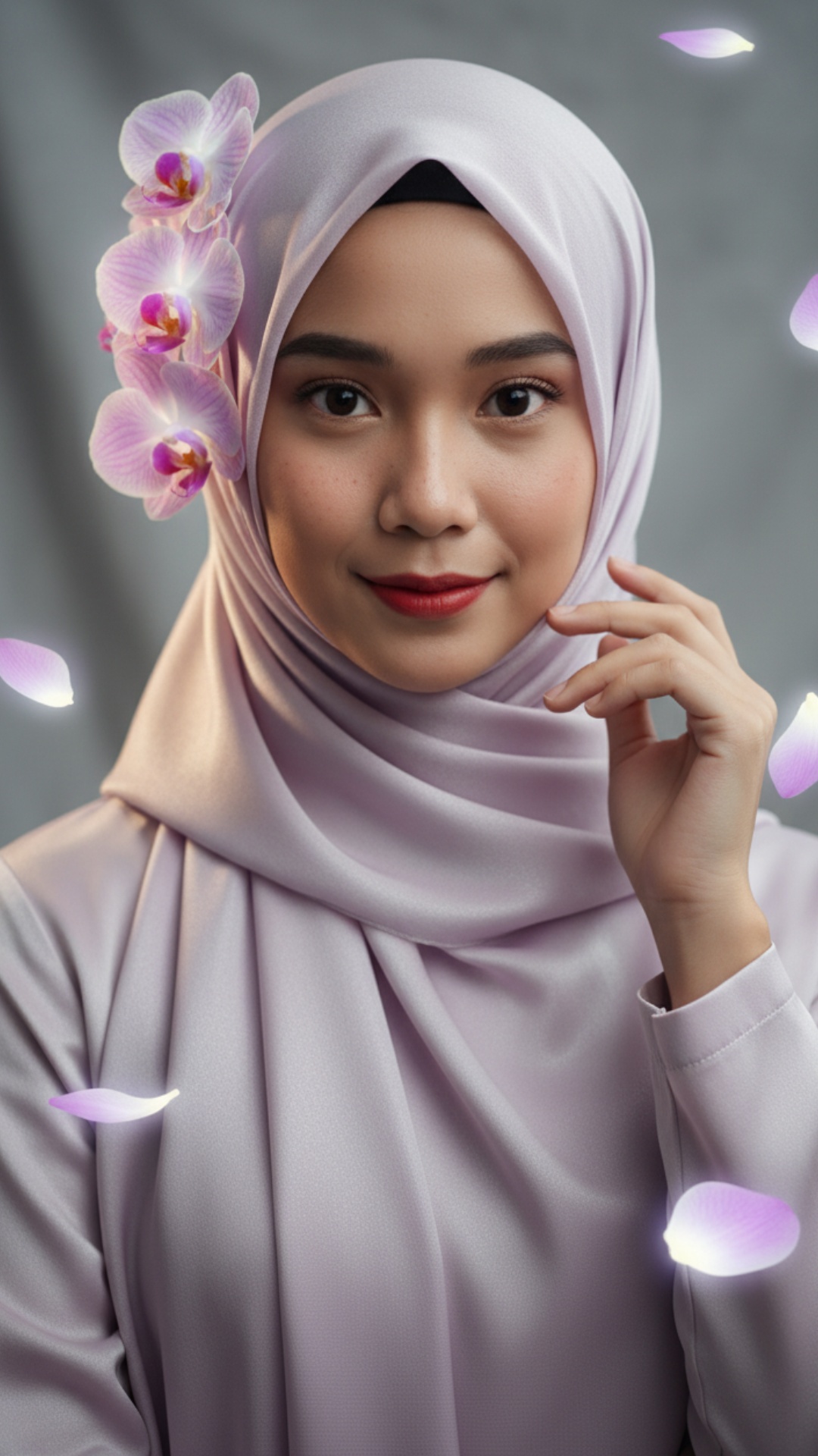smooth cinematic transformation. Start with the woman in a soft lavender hijab with orchid flower...