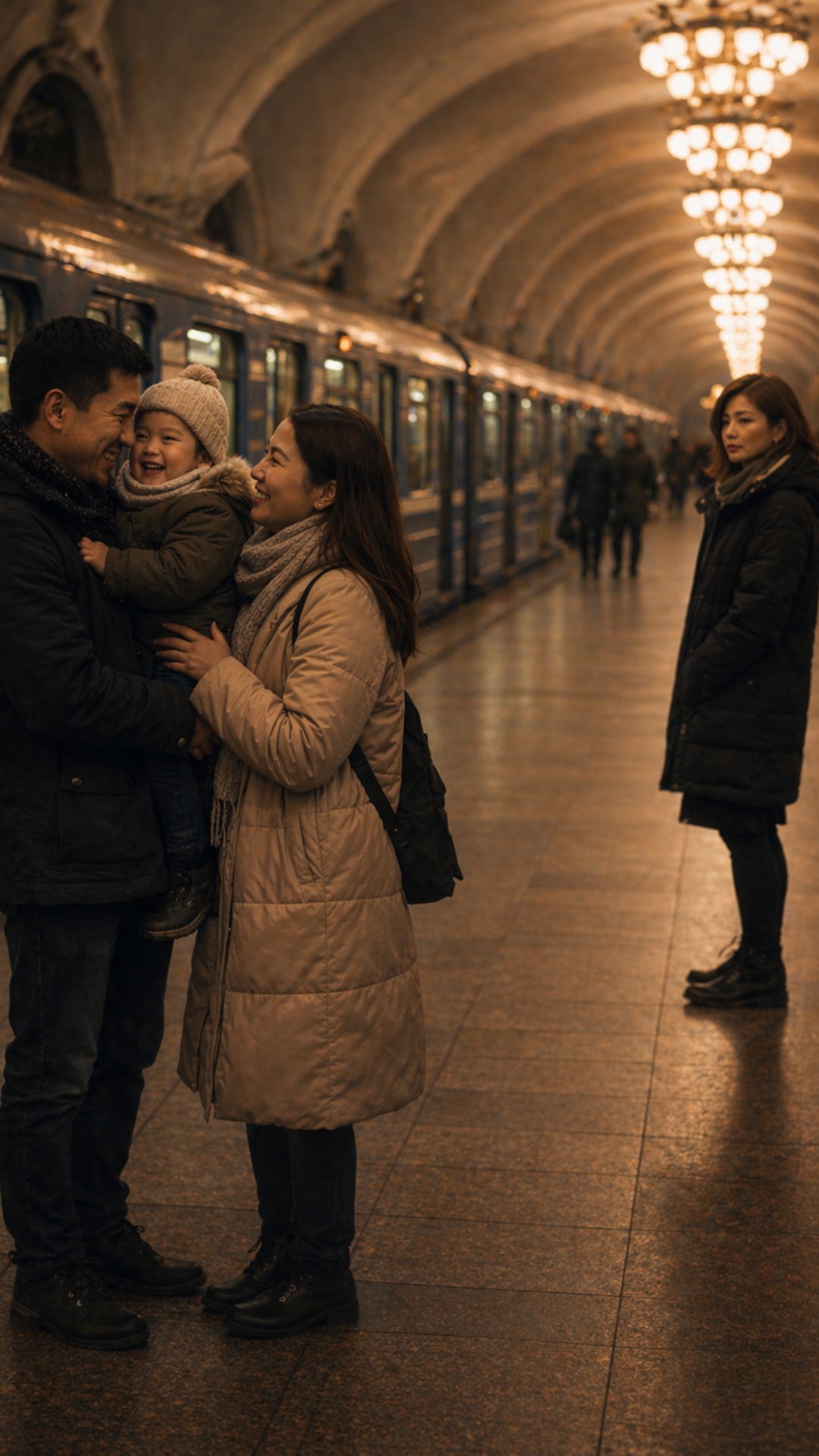 Cinematic metro station platform, happy family smiling with child, subtle laughter movement, peop...