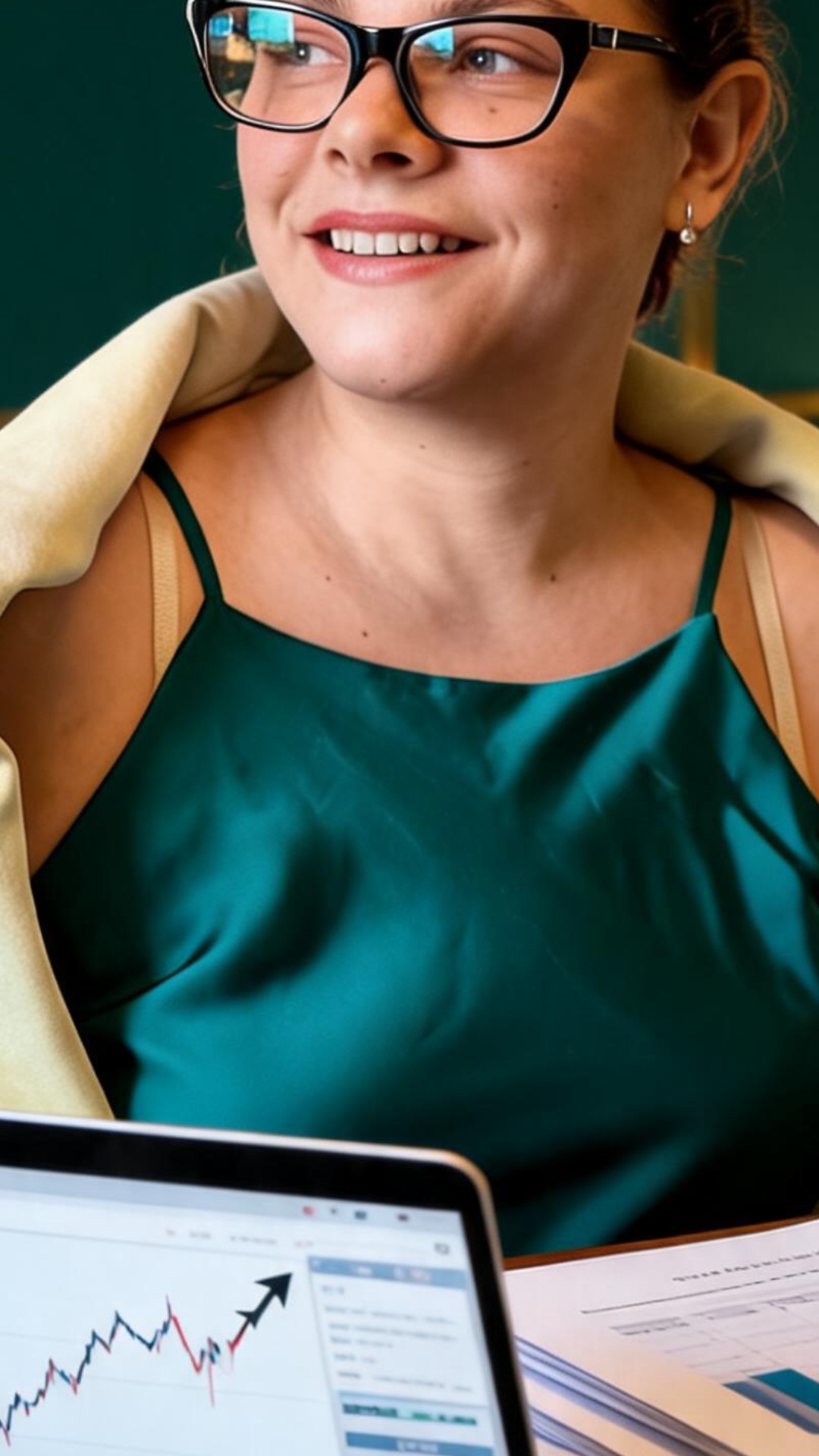A professional corporate portrait of a confident female financial advisor seated gracefully, matc...